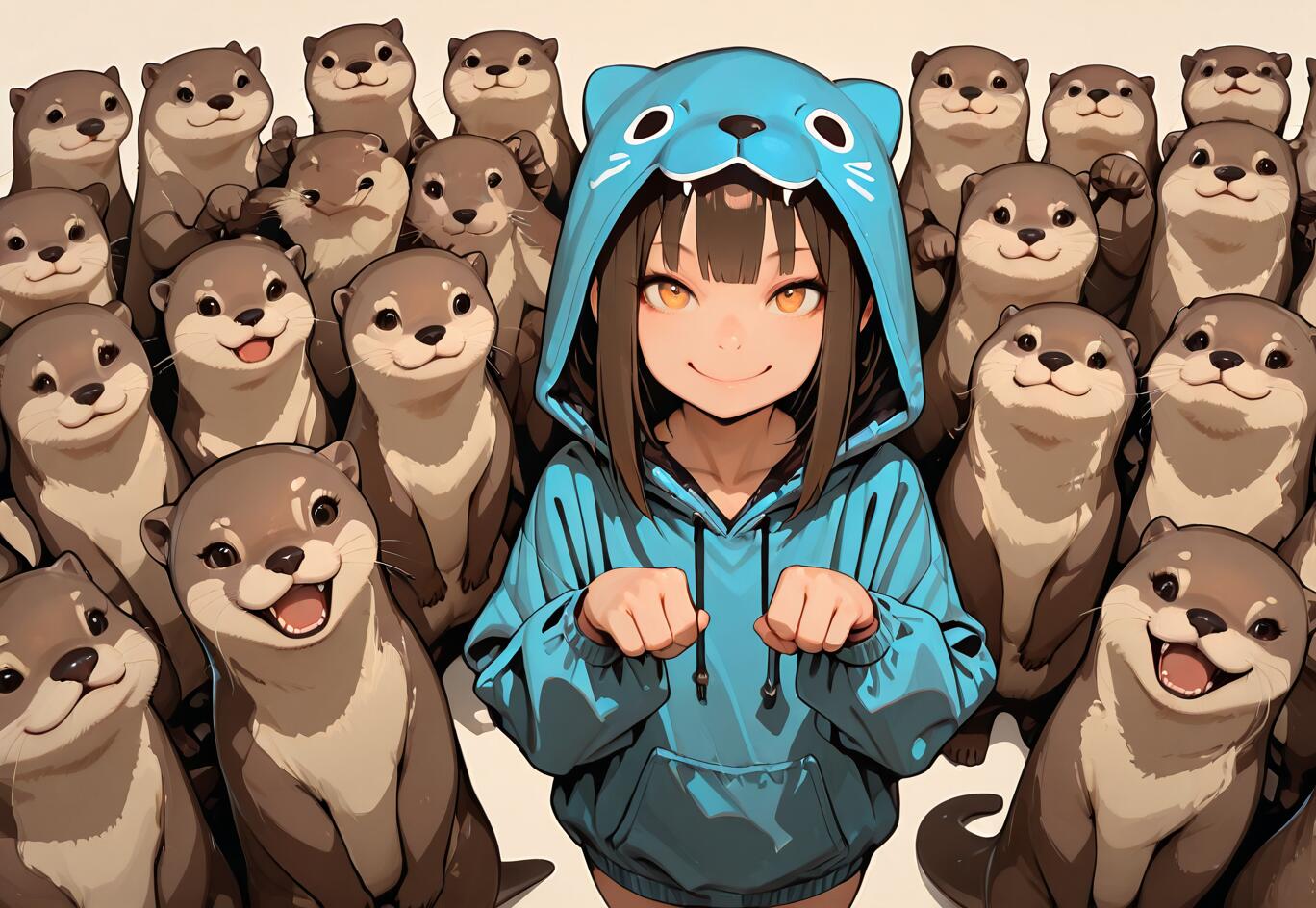 Una chica de anime, vestida con una sudadera azul con la imagen de una nutria, sonríe mientras está rodeada por un gran grupo de adorables nutrias. Tiene las manos juntas, como si fueran patas.