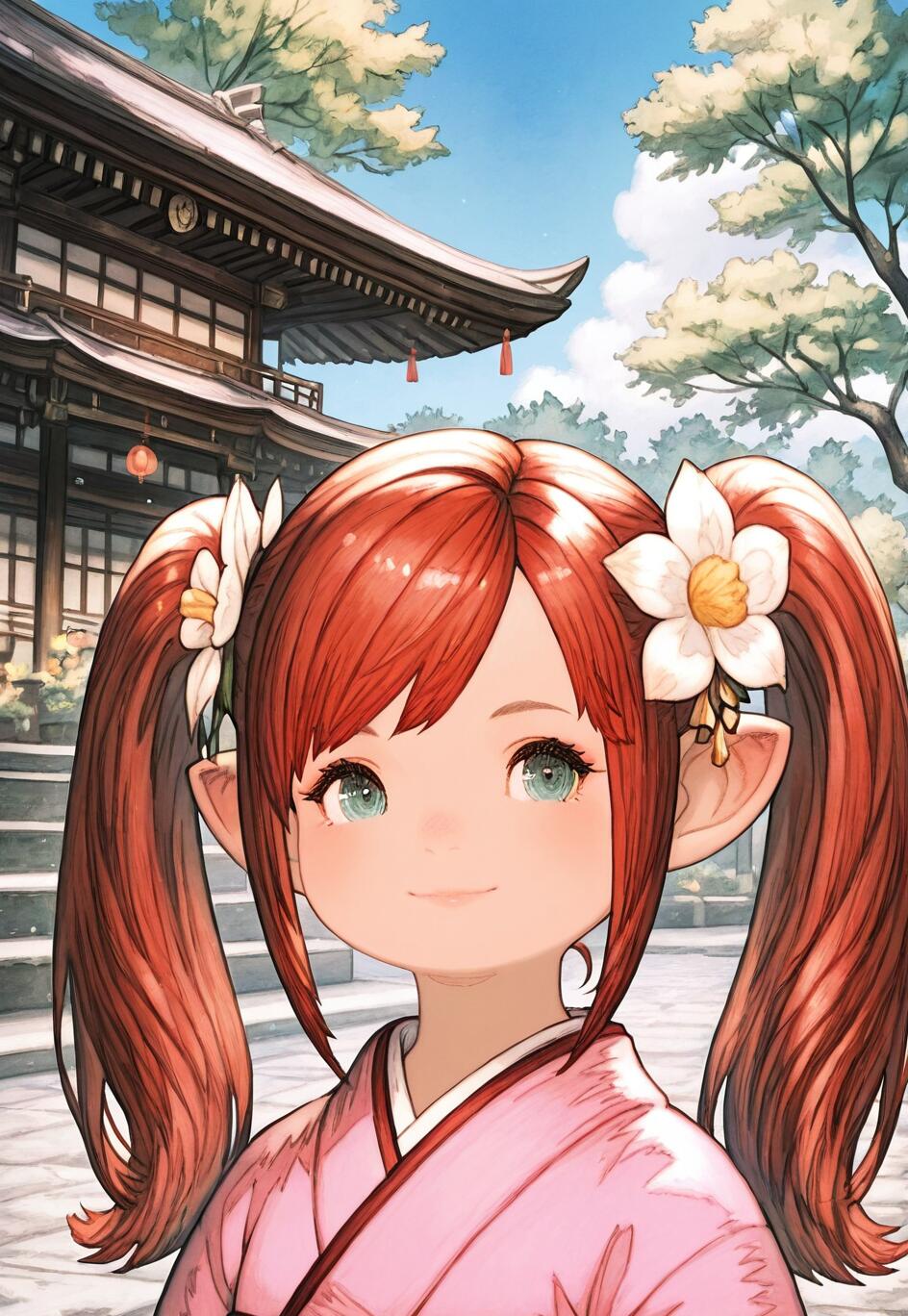 Un retrato en primer plano de una adorable chica de estilo anime, con el pelo rojo recogido en dos coletas, orejas puntiagudas y un kimono rosa. Lleva flores blancas en el pelo y sonríe frente a un edificio tradicional japonés.