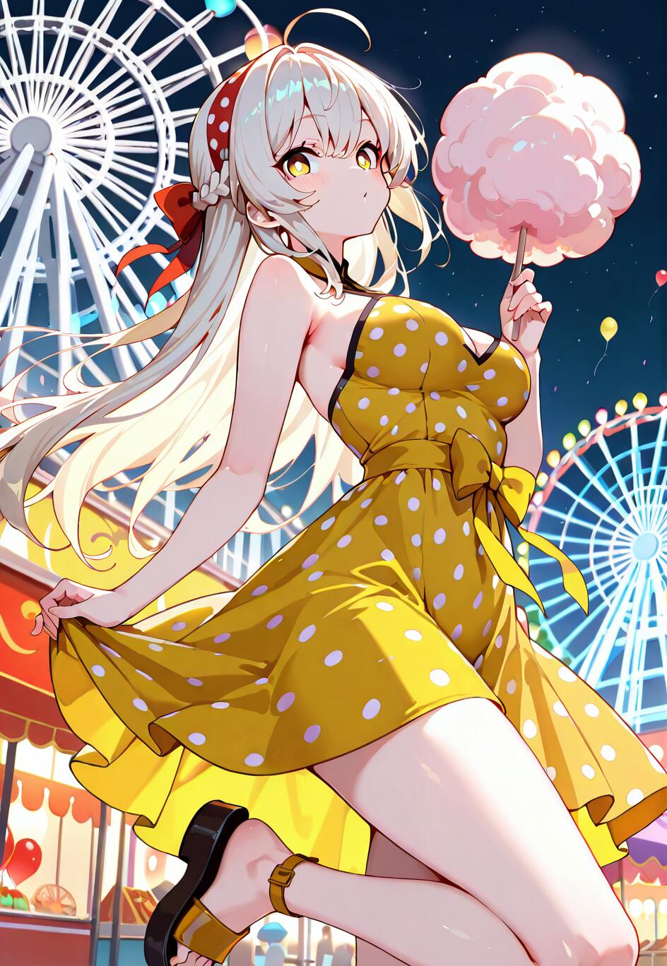Una chica de anime, con el pelo largo y rubio, lleva puesto un vestido amarillo de lunares y sostiene un algodón de azúcar rosa en un carnaval nocturno. De fondo, se ven norias iluminadas.