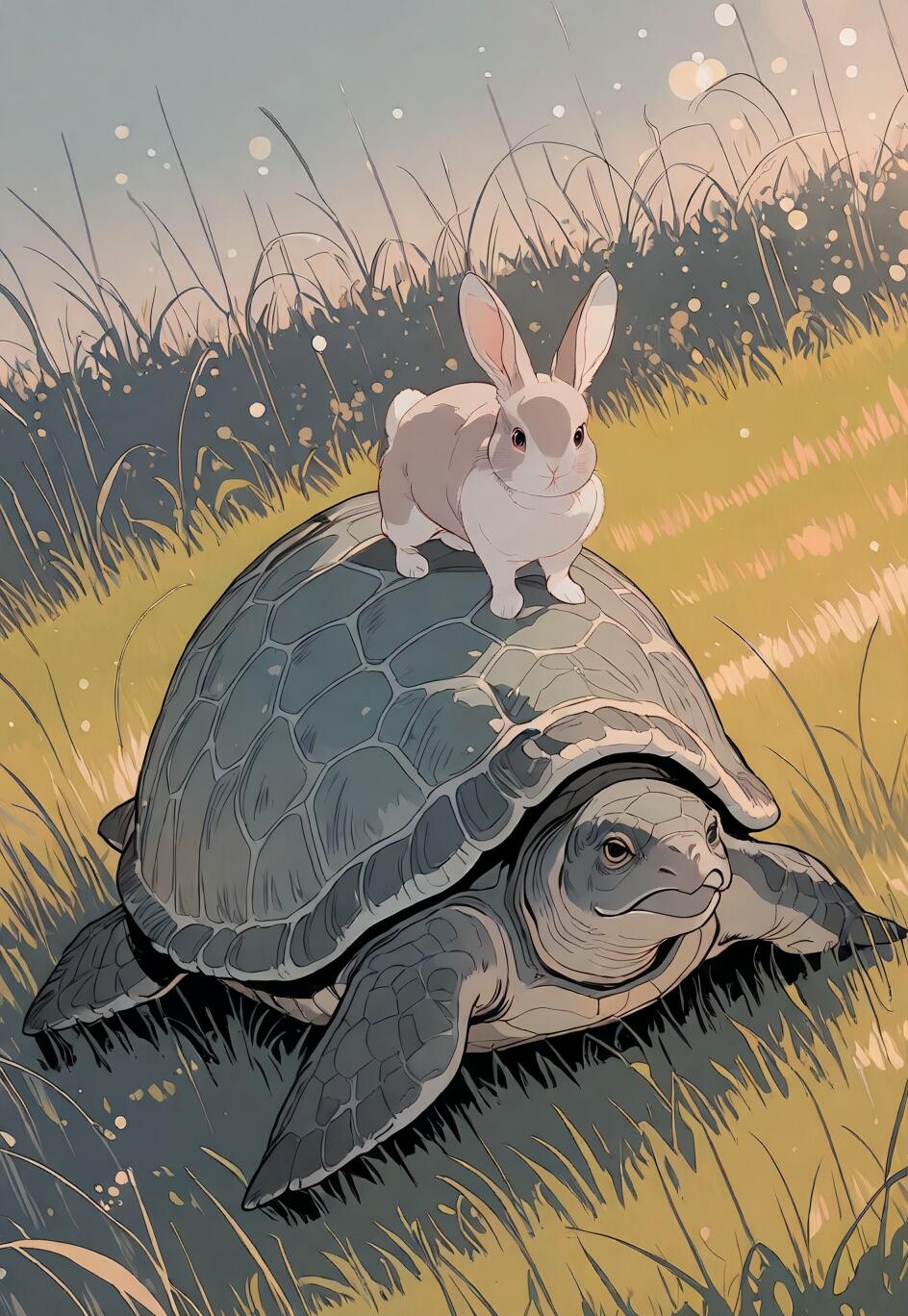 Una ilustración moderna de estilo anime que representa a un conejo adorable parado sobre el lomo de una tortuga grande, mientras ambos atraviesan un campo cubierto de hierba.