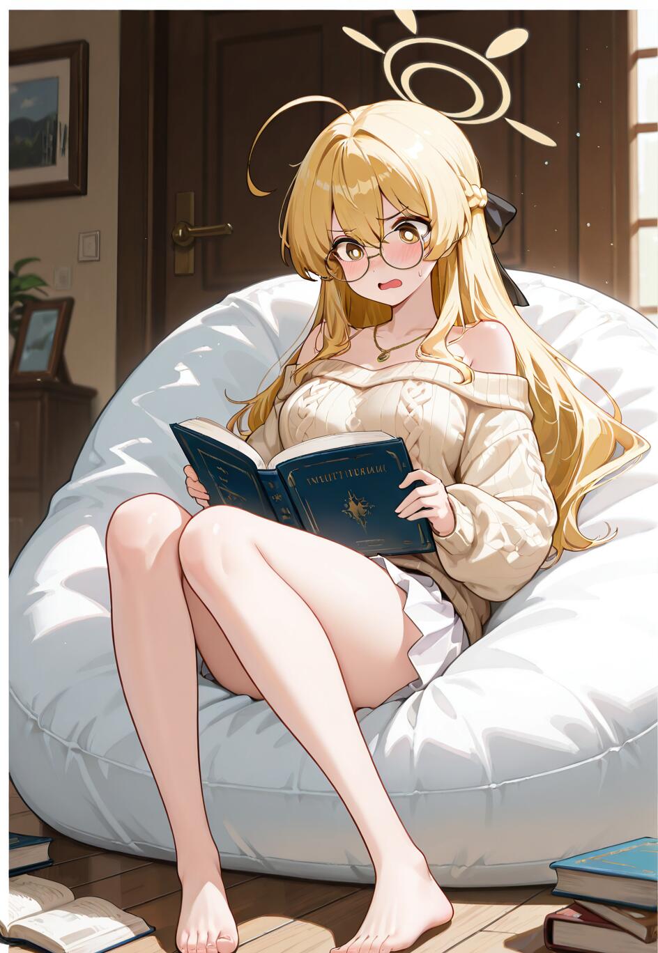 Ilustración de cuerpo entero del personaje Ajitani Hifumi, de Blue Archive. Es una chica de anime rubia, con gafas y un halo, sentada en una silla tipo puf blanca y leyendo un libro con una expresión de confusión. Lleva un jersey color crema con el hombro descubierto y una falda blanca, en una habitación acogedora y llena de luz.