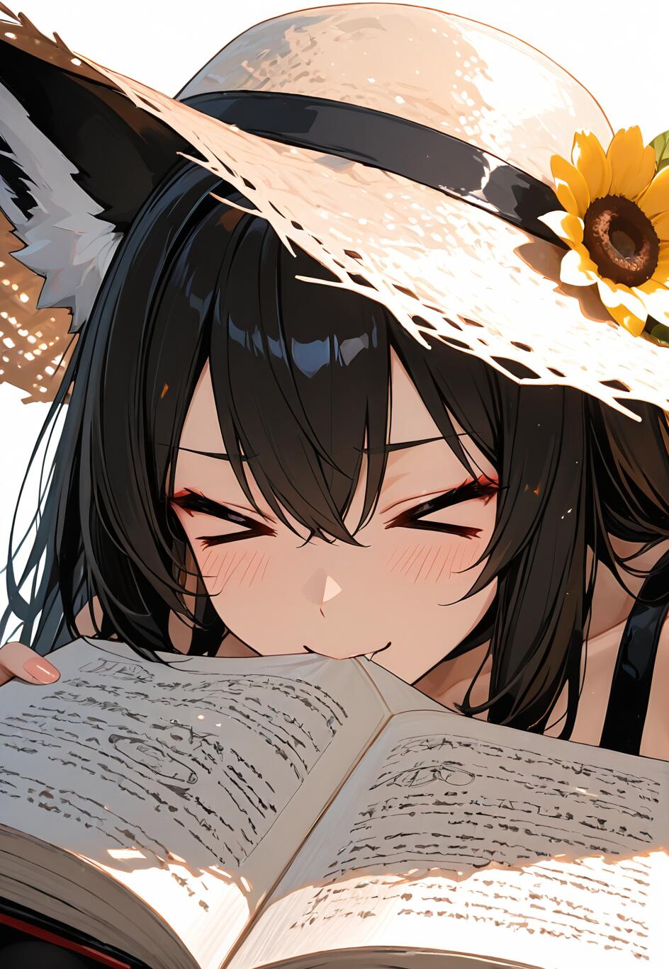 Una joven zorra de anime, con el pelo negro y un sombrero de paja, sonríe con los ojos cerrados y, juguetonamente, muerde la parte superior de un libro abierto que está sosteniendo.