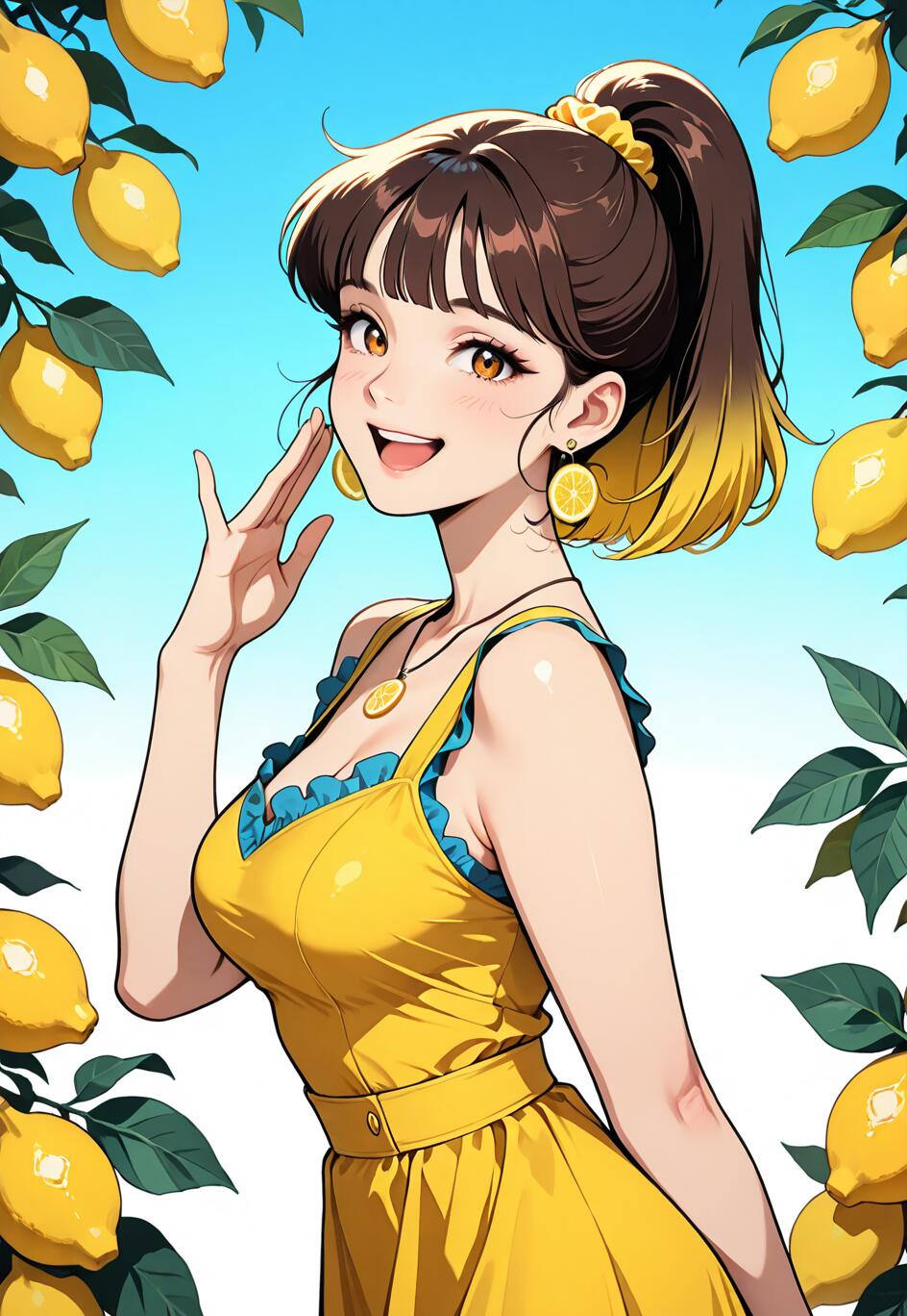 Una chica de anime con el pelo castaño y amarillo recogido en una coleta, vestida con un vestido amarillo y joyas con motivos de limones, sonríe mientras está de pie en un huerto de limoneros, con un cielo azul de fondo.