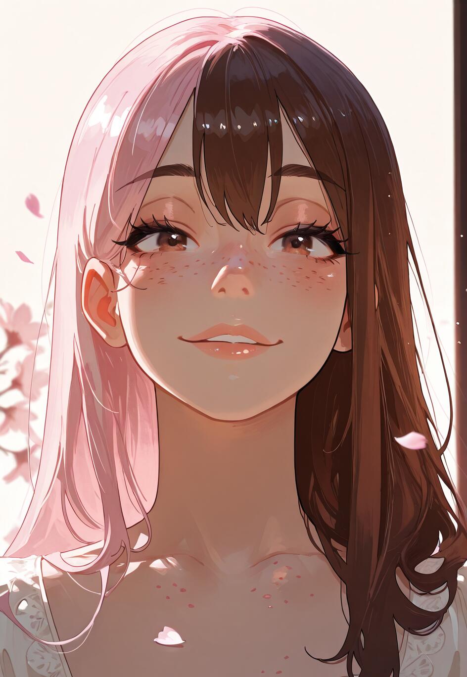 Primer plano de un retrato de Neopolitan, de la serie RWBY, que muestra su característico cabello dividido en dos tonos: rosa y marrón. Tiene una sonrisa suave, ojos marrones y está rodeada de pétalos de cerezo flotantes, todo ello bañado en una luz tenue.