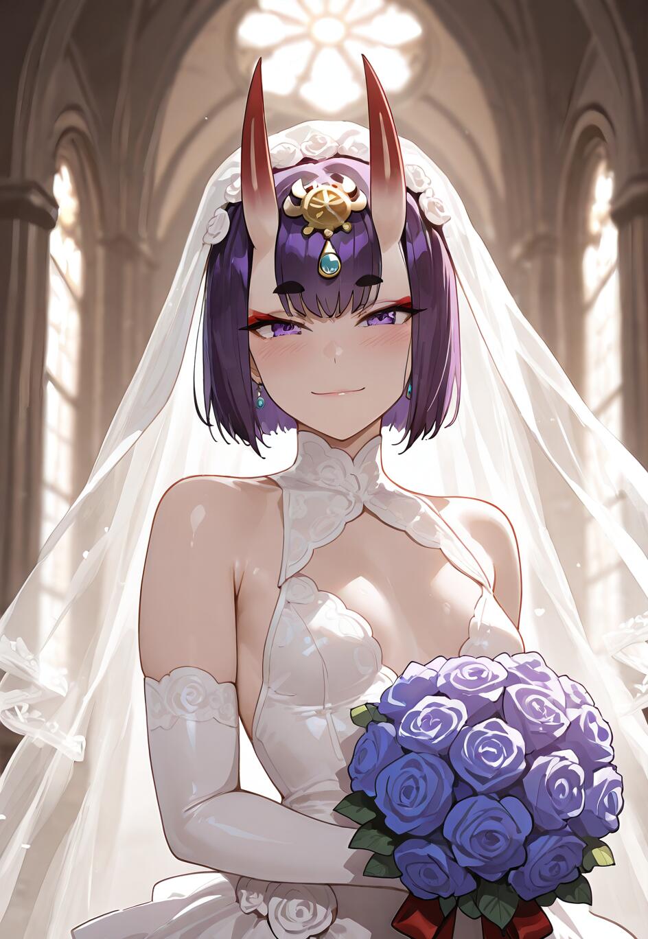 Shuten Douji, del juego Fate/Grand Order, aparece como una novia, sonriendo y vestida con un elegante vestido de novia blanco y velo dentro de una iglesia, mientras sostiene un ramo de rosas azules.