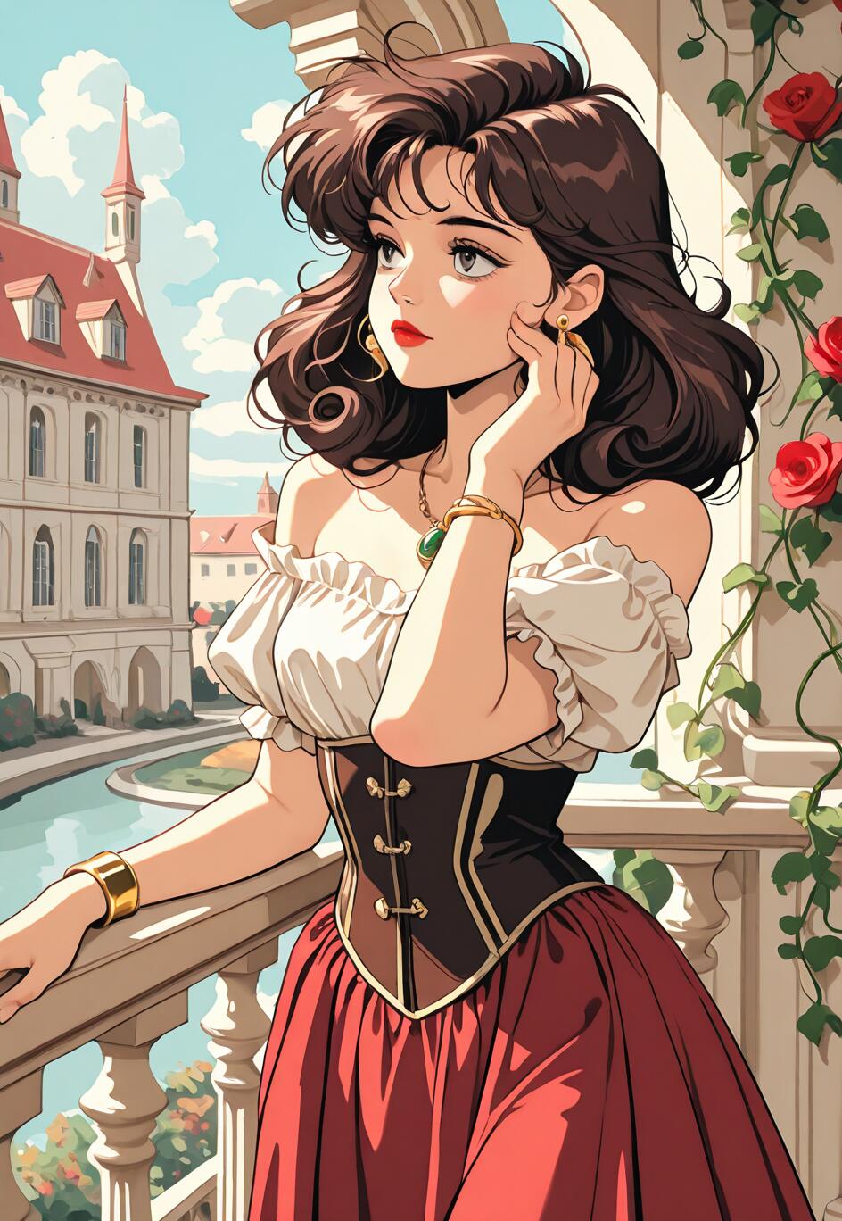 Una ilustración de estilo anime que representa a una joven con el cabello oscuro y rizado, vestida con un traje de estilo renacentista, de pie en un balcón iluminado por el sol, desde donde se divisa una ciudad europea con un canal.