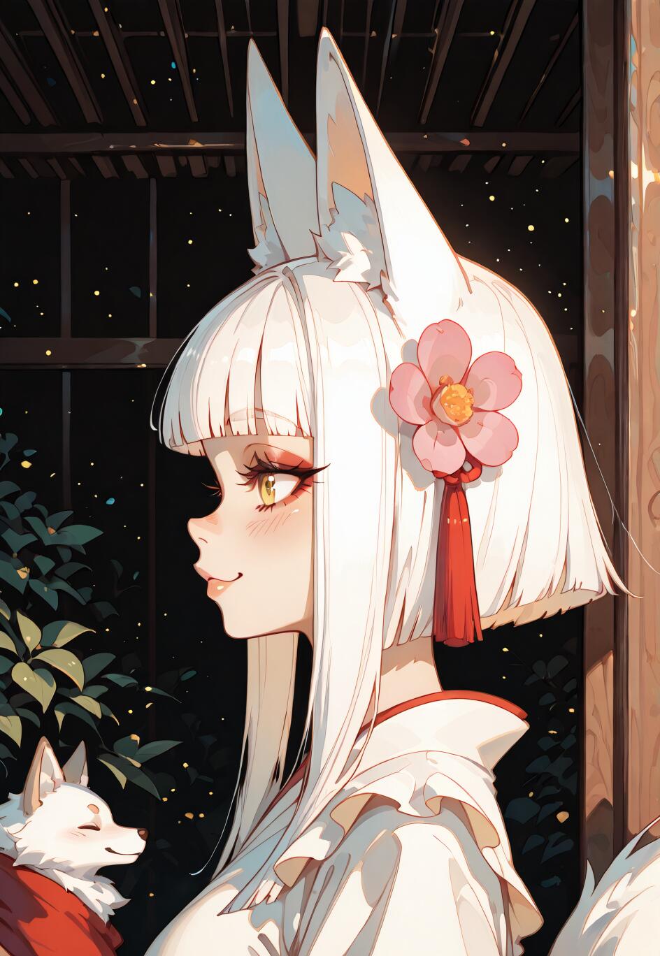 Una ilustración de perfil de una chica de estilo anime, con el pelo corto y blanco y grandes orejas de zorro blancas, y lleva una flor rosa. Está sonriendo y sostiene un pequeño zorro blanco frente al fondo de un jardín japonés de noche.