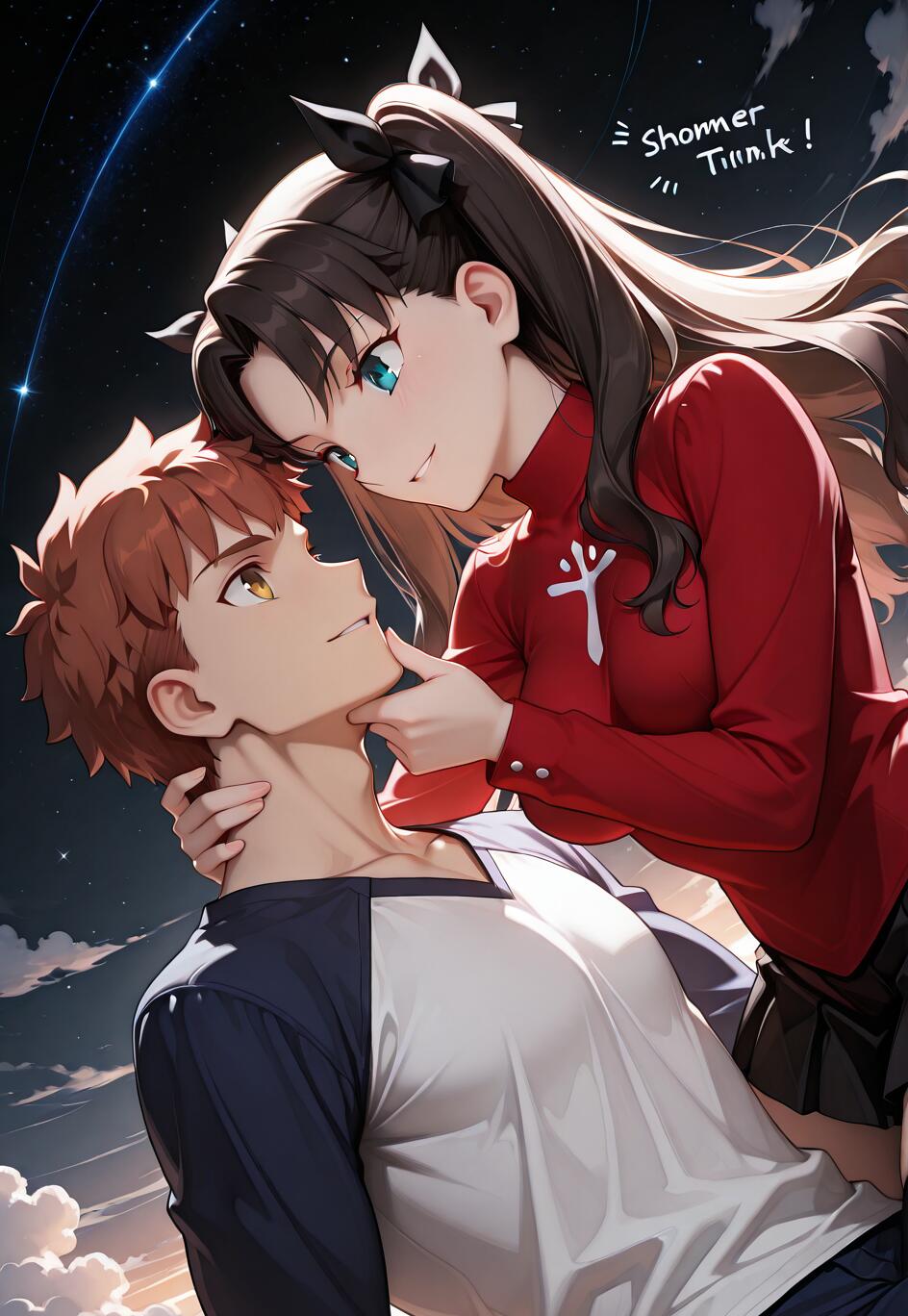 Una ilustración de estilo anime que muestra a Tohsaka Rin y Emiya Shirou, de Fate/stay night, compartiendo un momento romántico. Rin, con el pelo largo y oscuro y un jersey rojo, mira a Shirou y le sostiene la barbilla. Shirou, con el pelo castaño rojizo, la mira. El fondo es un cielo nocturno oscuro y estrellado con nubes.