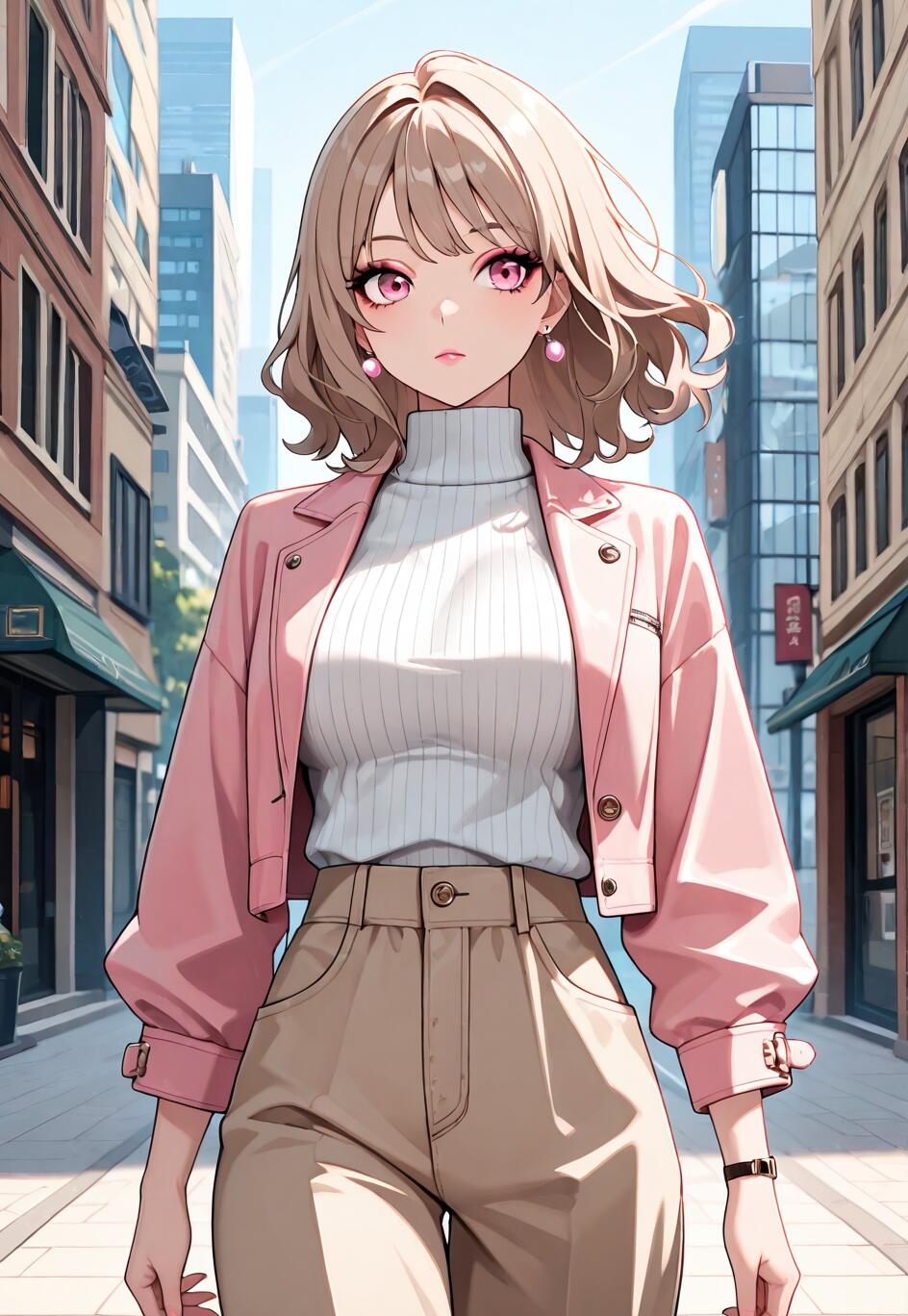 Una ilustración de estilo anime que representa a una joven moderna, con cabello rubio y ondulado y ojos rosas, caminando por una calle de la ciudad. Lleva una chaqueta rosa, un jersey de cuello alto blanco y pantalones color beige.