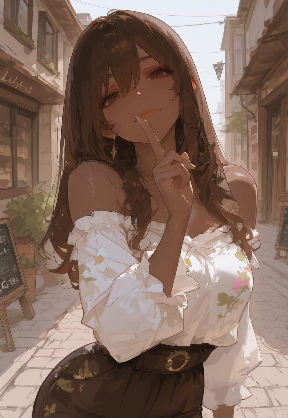 Una ilustración de estilo anime que representa a una joven con el pelo largo y castaño y la piel morena, de pie en un callejón soleado. Lleva una blusa blanca con motivos florales y el escote descubierto, y se lleva un dedo a los labios con una sonrisa.