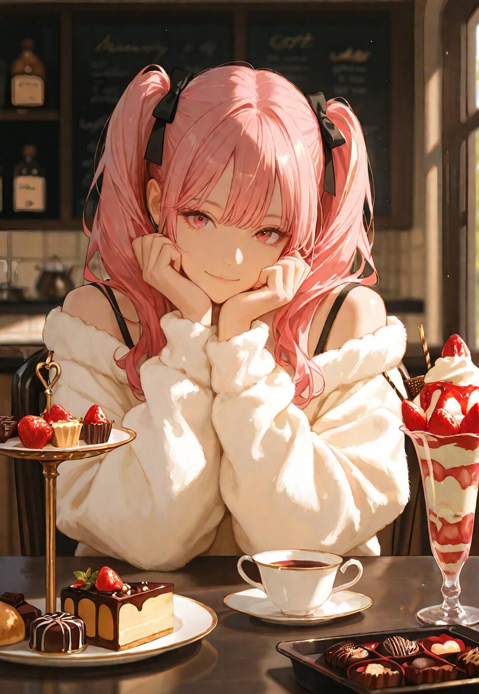 Una chica de anime, con el pelo rosa recogido en dos coletas, está sentada a una mesa de un café, que está llena de postres. Lleva puesto un jersey blanco y esponjoso y está sonriendo, con la barbilla apoyada en las manos. Sobre la mesa hay un parfait de fresas, una porción de tarta, una taza de té y un expositor de postres.