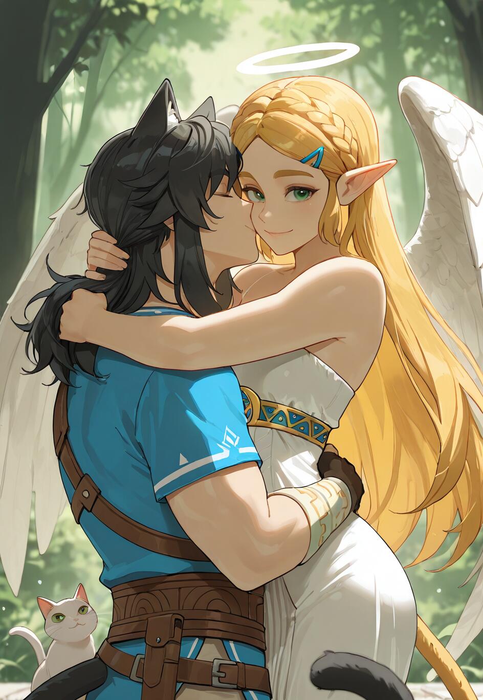 Una ilustración que muestra a Link como un joven con rasgos felinos, de cabello y orejas negras, abrazando y besando la mejilla de la princesa Zelda, quien aparece representada como un ángel de cabello rubio, con un halo y alas blancas. Ambos se encuentran en un bosque, y se puede ver un pequeño gato blanco cerca de ellos.