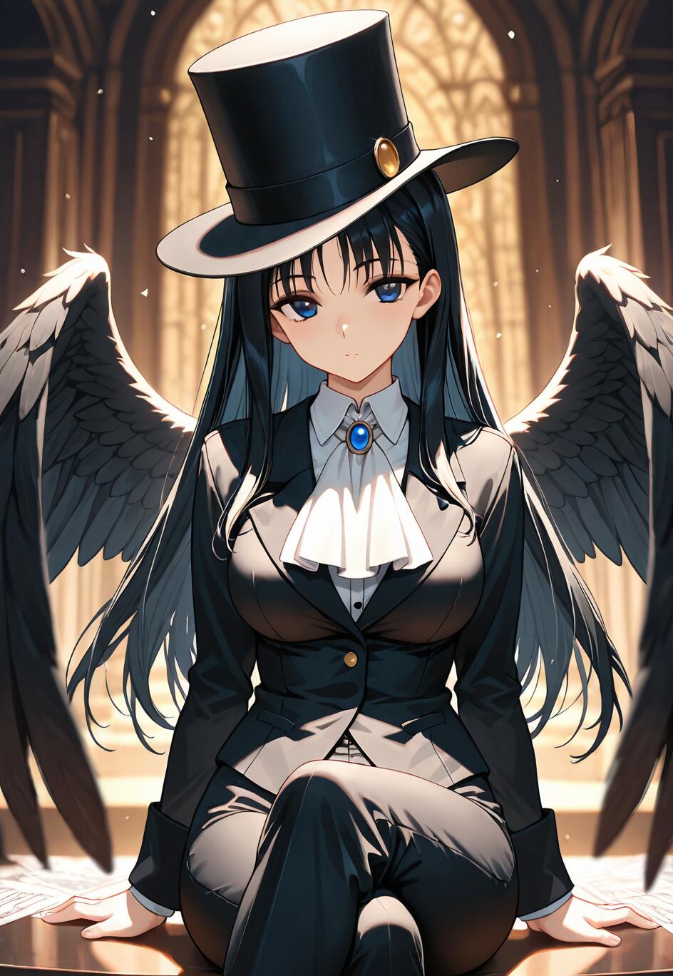 Una chica de anime con el pelo largo y negro, ojos azules y grandes alas negras de ángel, sentada en una mesa. Lleva un traje negro, una corbata blanca y un sombrero de copa negro en un gran salón.