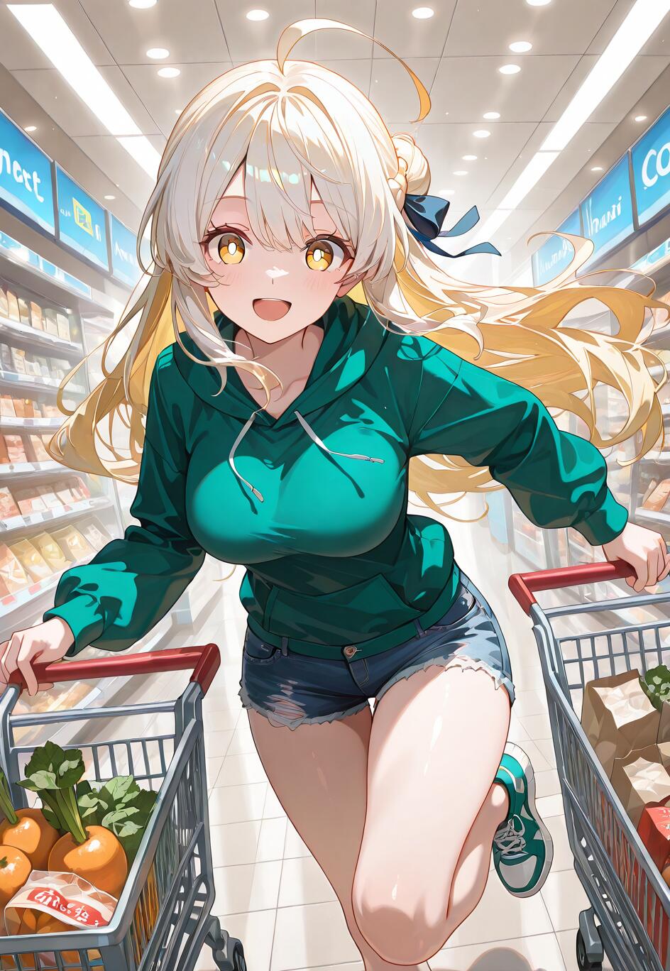 Una ilustración de estilo anime que representa a una alegre joven rubia, Artoria Pendragon (Saber), con una sudadera verde y pantalones cortos de mezclilla, corriendo con energía por un pasillo de un supermercado mientras empuja dos carritos de compras llenos de alimentos.