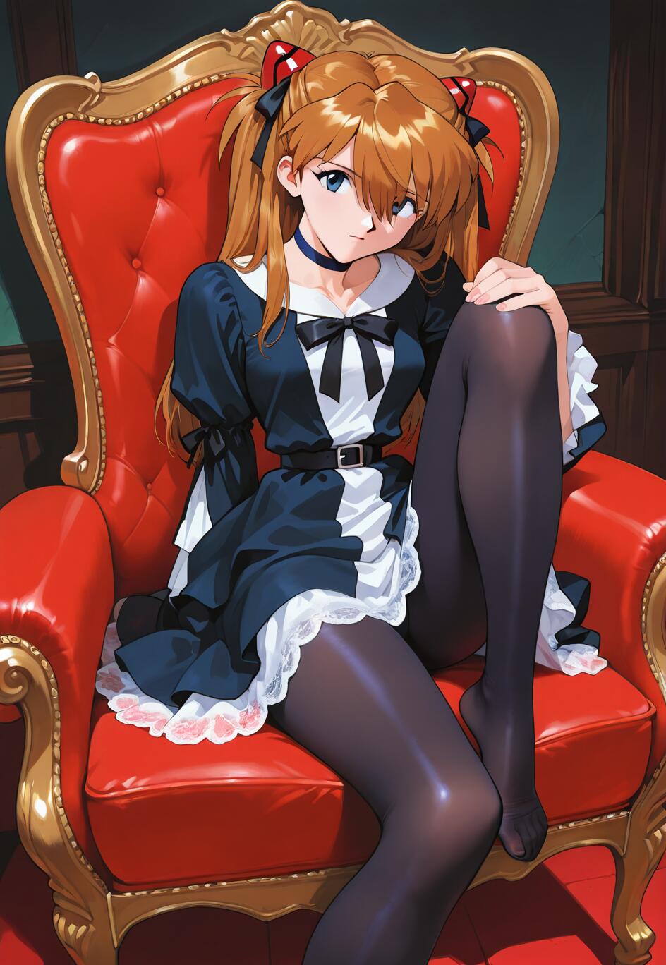 Asuka Langley Soryu, de Neon Genesis Evangelion, con su característico cabello naranja recogido en dos coletas, sentada en un elegante sillón rojo y dorado. Lleva un vestido gótico lolita en blanco y negro, medias negras y no lleva zapatos, y mira directamente a la cámara.
