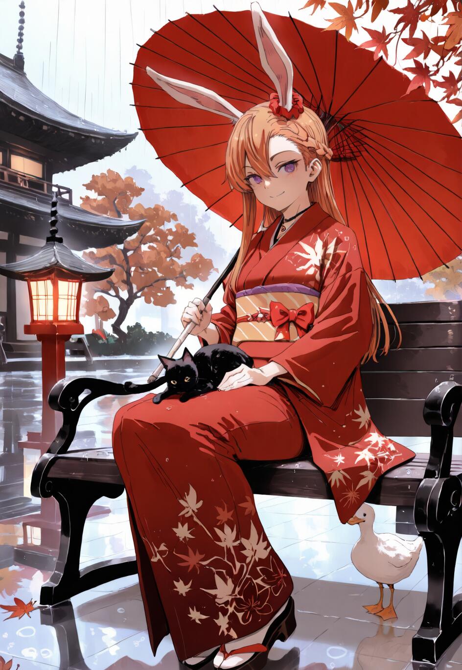 Una chica de estilo anime, con el pelo naranja y orejas de conejo, vestida con un kimono rojo, está sentada en un banco bajo una sombrilla roja en un jardín de un templo japonés, mientras llueve. Un gato negro está en su regazo y un pato blanco está en el suelo, a su lado.