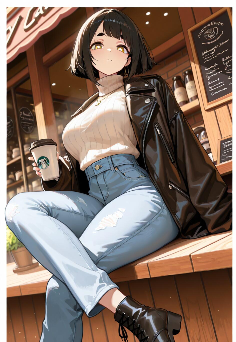 Una ilustración de estilo anime que representa a una joven con el pelo corto y negro y una chaqueta de cuero, sentada en la barra de un café y sosteniendo una taza de café.