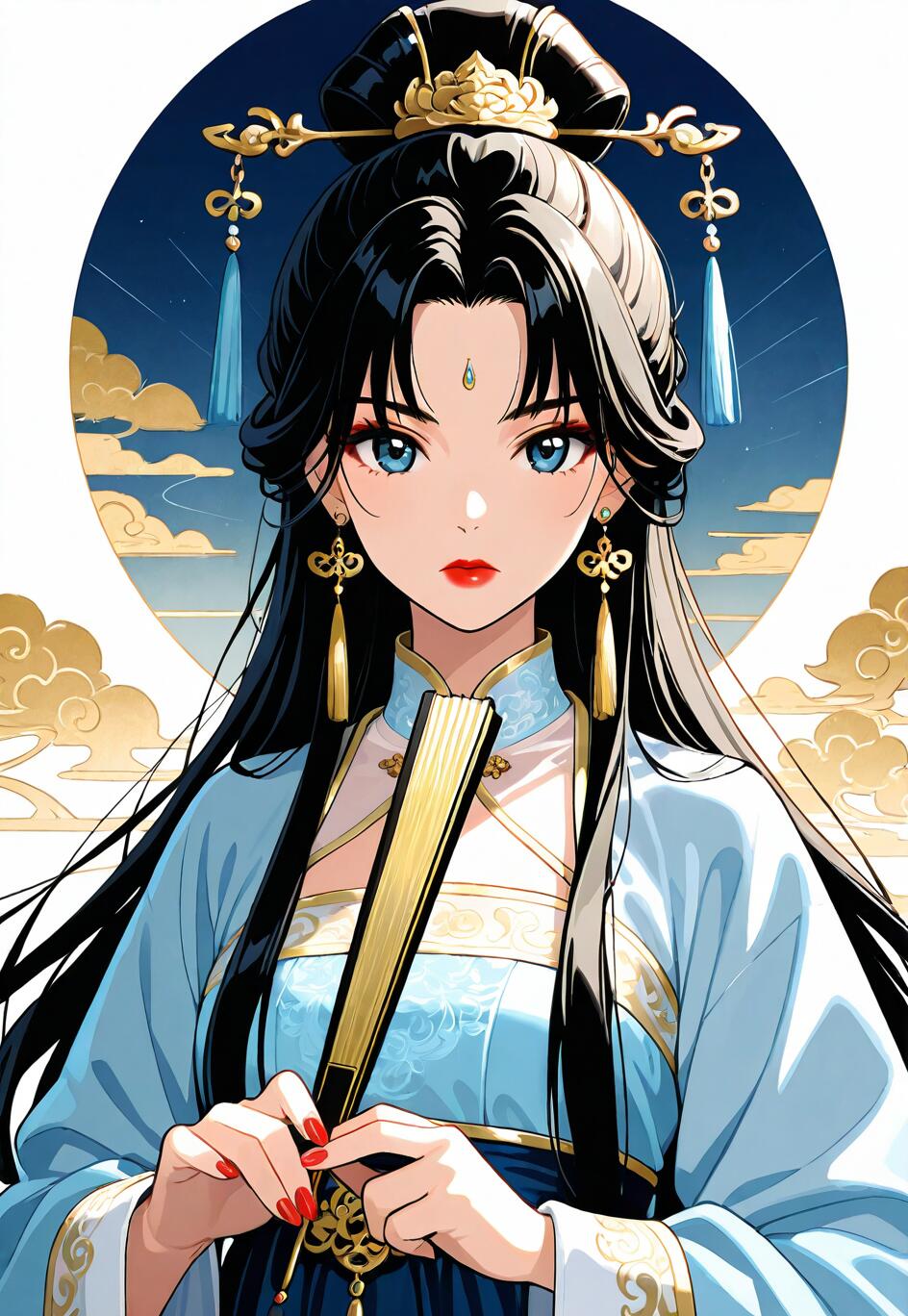 Una ilustración de estilo anime que representa a una hermosa joven con el pelo largo y negro y los ojos azules, vestida con un tradicional hanfu chino de color azul y dorado. Sostiene un abanico dorado y está de pie frente a un fondo circular que representa un cielo nocturno estrellado con nubes doradas.