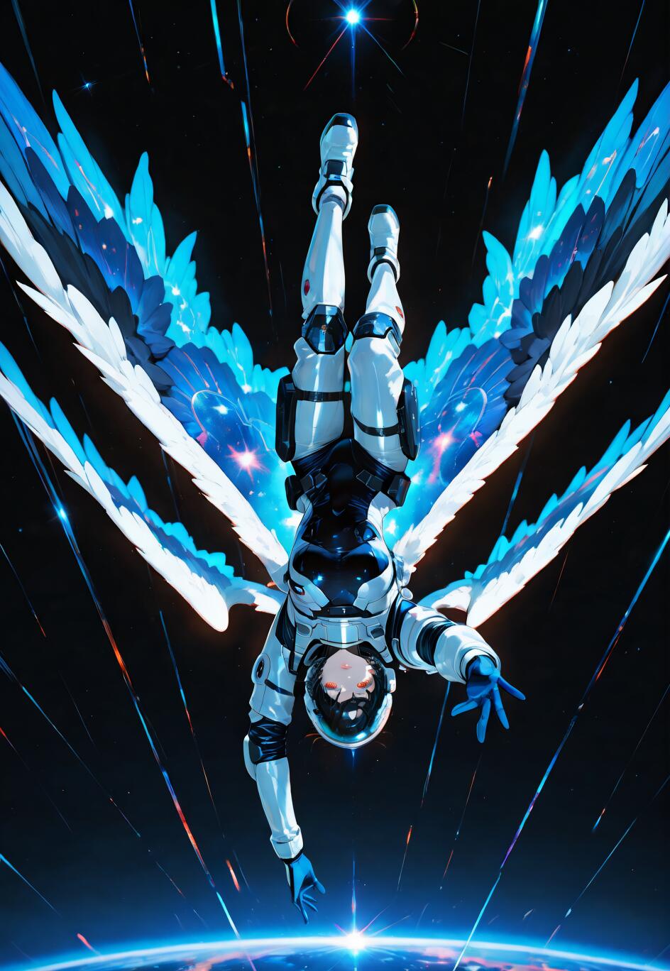 Fujimaru Ritsuka, de Fate/Grand Order, aparece como un astronauta con grandes alas azules y blancas, flotando boca abajo en el espacio sobre un planeta y extendiendo la mano hacia el espectador.