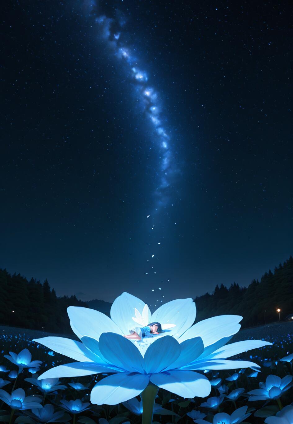 Una niña pequeña, de cabello oscuro, duerme plácidamente en el centro de una enorme flor azul luminiscente, bajo un cielo nocturno estrellado y brillante, con una franja de la Vía Láctea que parece descender hacia ella.