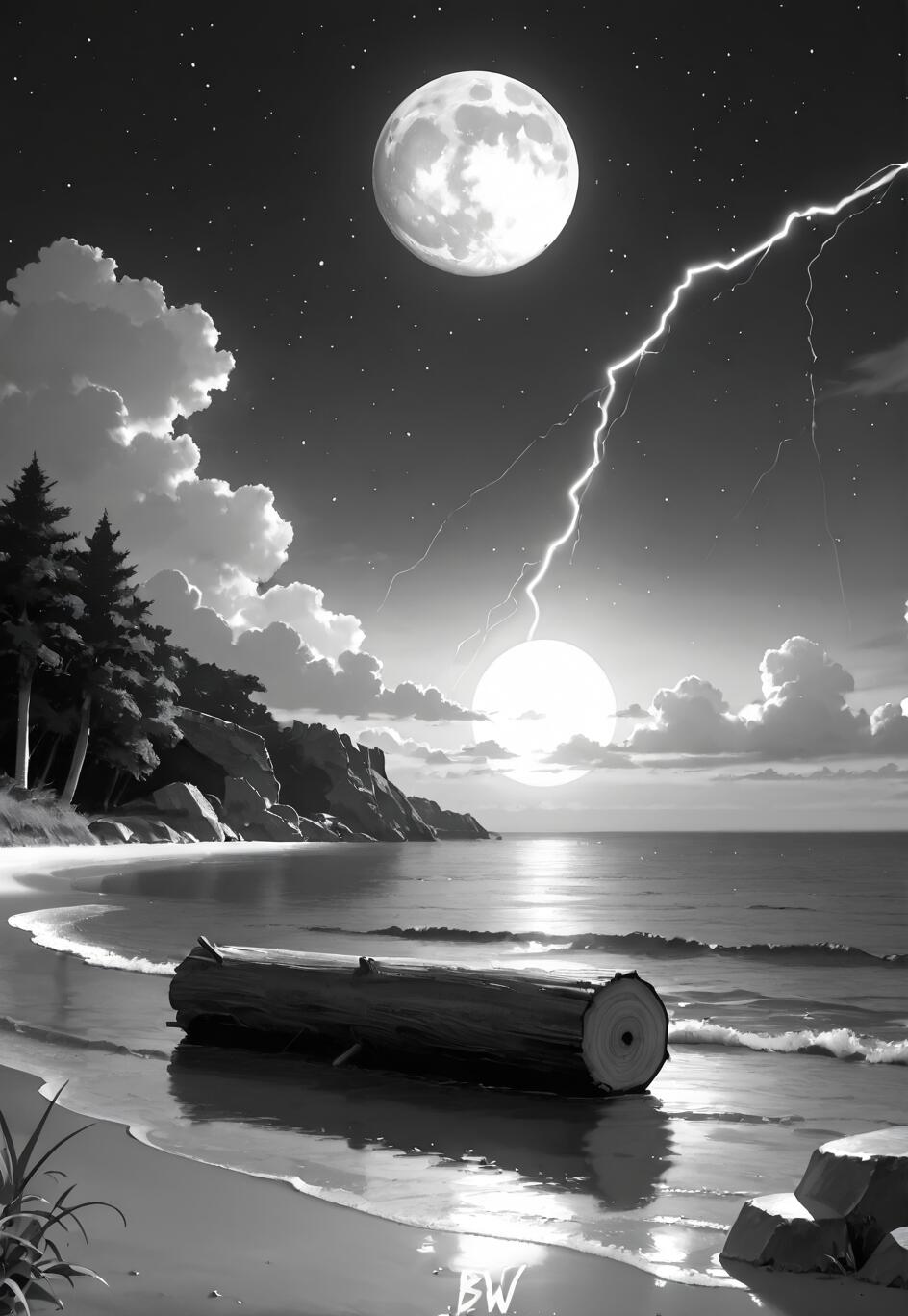 Una imagen en blanco y negro de una playa de noche. Una luna llena grande y un rayo se pueden ver en el cielo estrellado. Un tronco descansa sobre la arena mientras las olas rompen suavemente en la orilla, con un acantilado rocoso y boscoso al fondo.