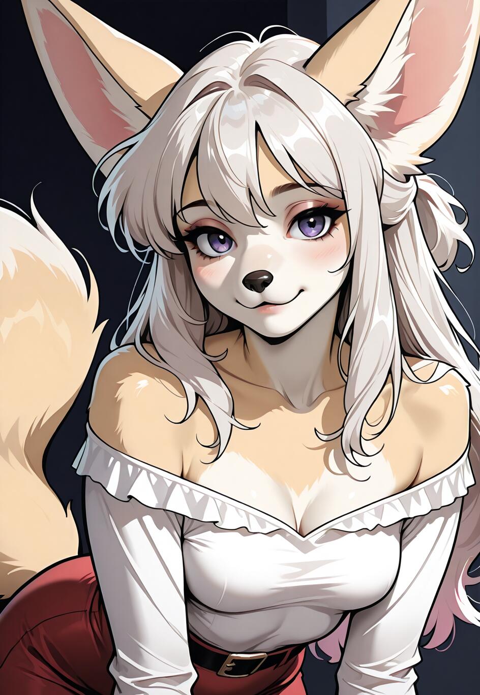Una ilustración de estilo anime que representa a una zorra fennec femenina, con el pelo largo y plateado y los ojos de color púrpura. Lleva una blusa blanca que deja los hombros al descubierto y una falda roja.