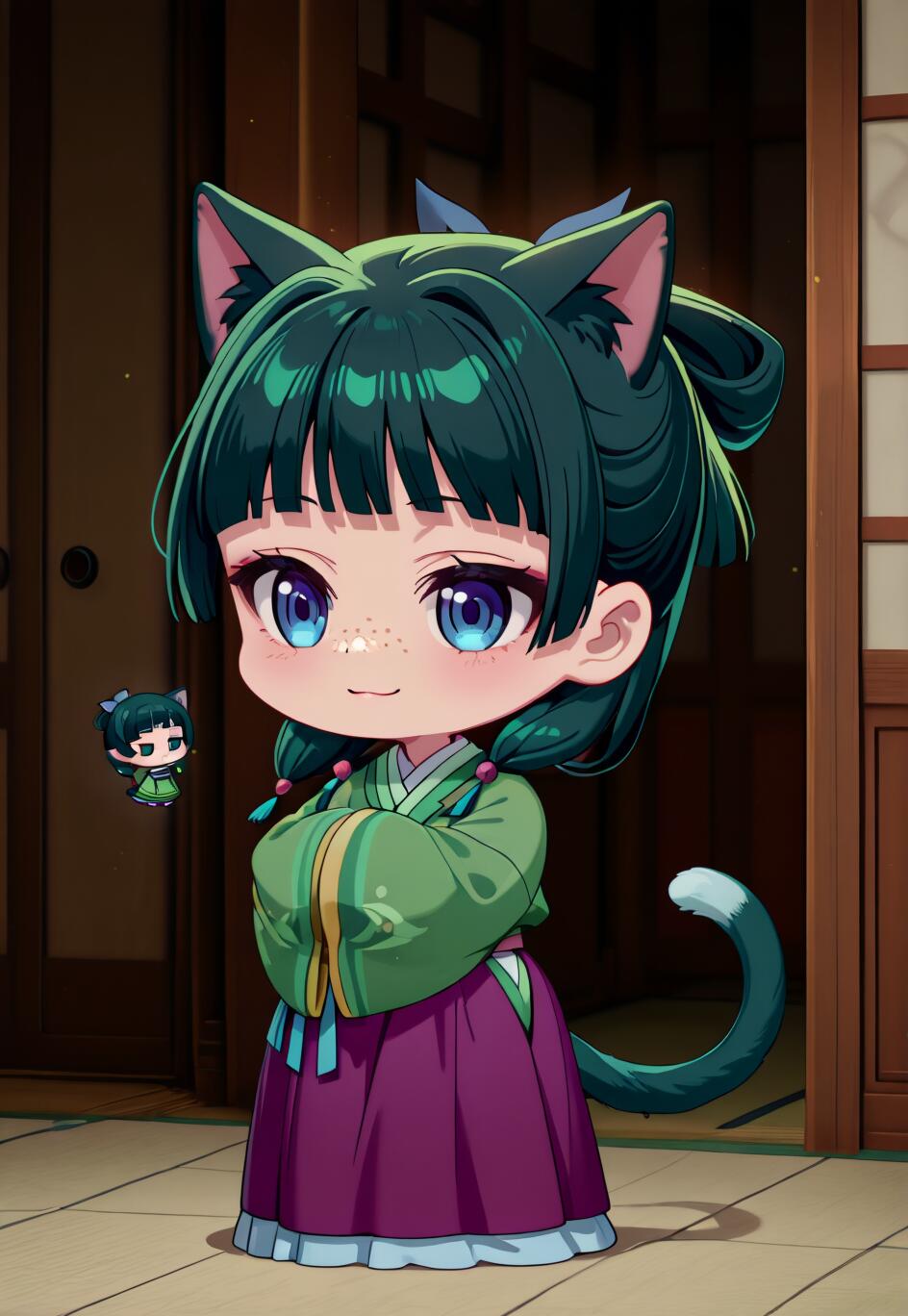 Una ilustración de cuerpo entero de Maomao, el personaje de *The Apothecary Diaries*, representada en estilo chibi y reimaginada como una chica gato. Tiene el pelo verde, orejas y cola de gato, grandes ojos azules y pecas. Lleva un atuendo tradicional verde y morado y está de pie en una habitación con puertas de estilo japonés.
