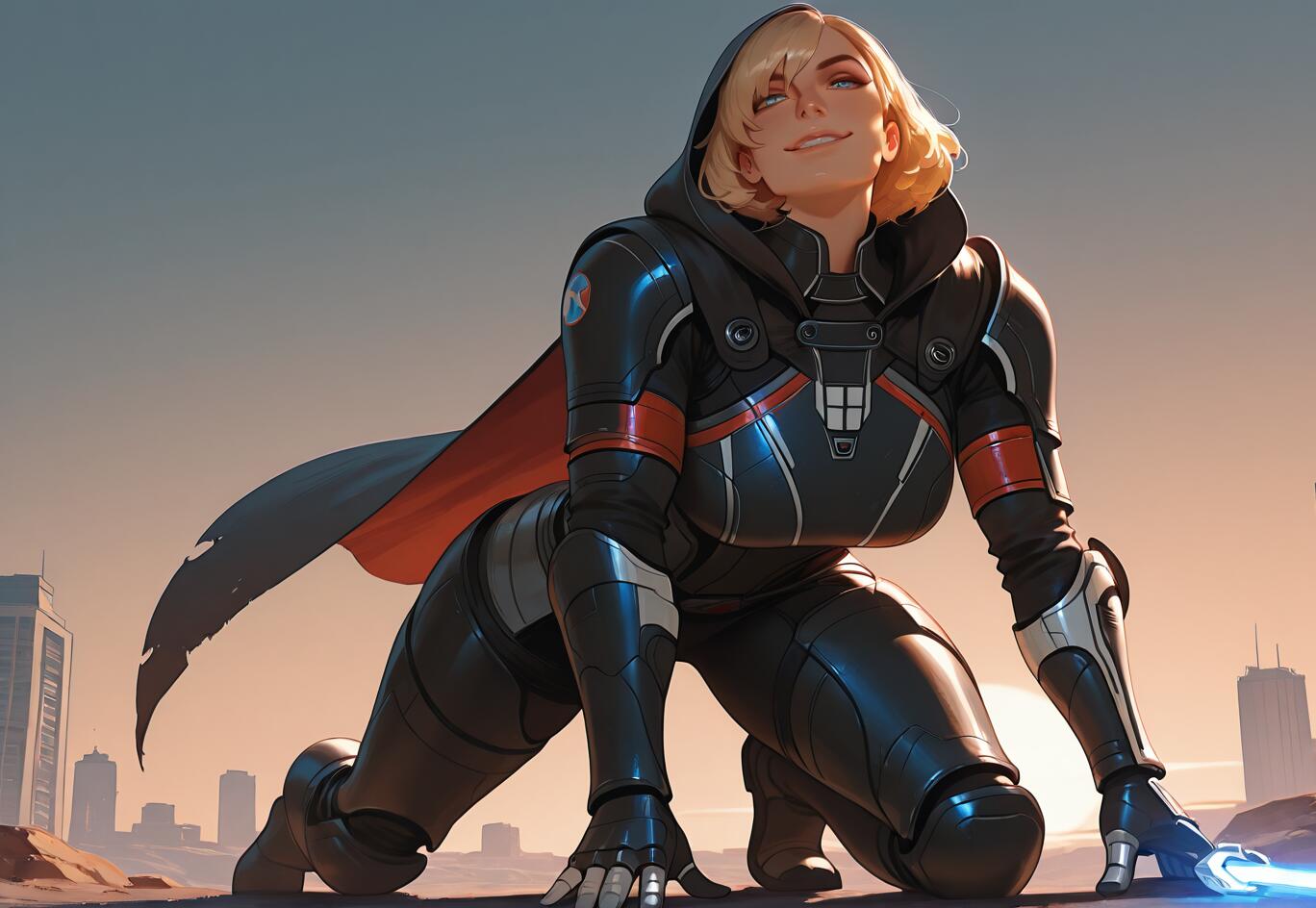 Una pintura digital de una mujer rubia, la comandante Shepard, con una armadura futurista negra y una capa con capucha. Está agachada, con una expresión de confianza y una sonrisa, y al fondo se ve una ciudad de ciencia ficción al atardecer.