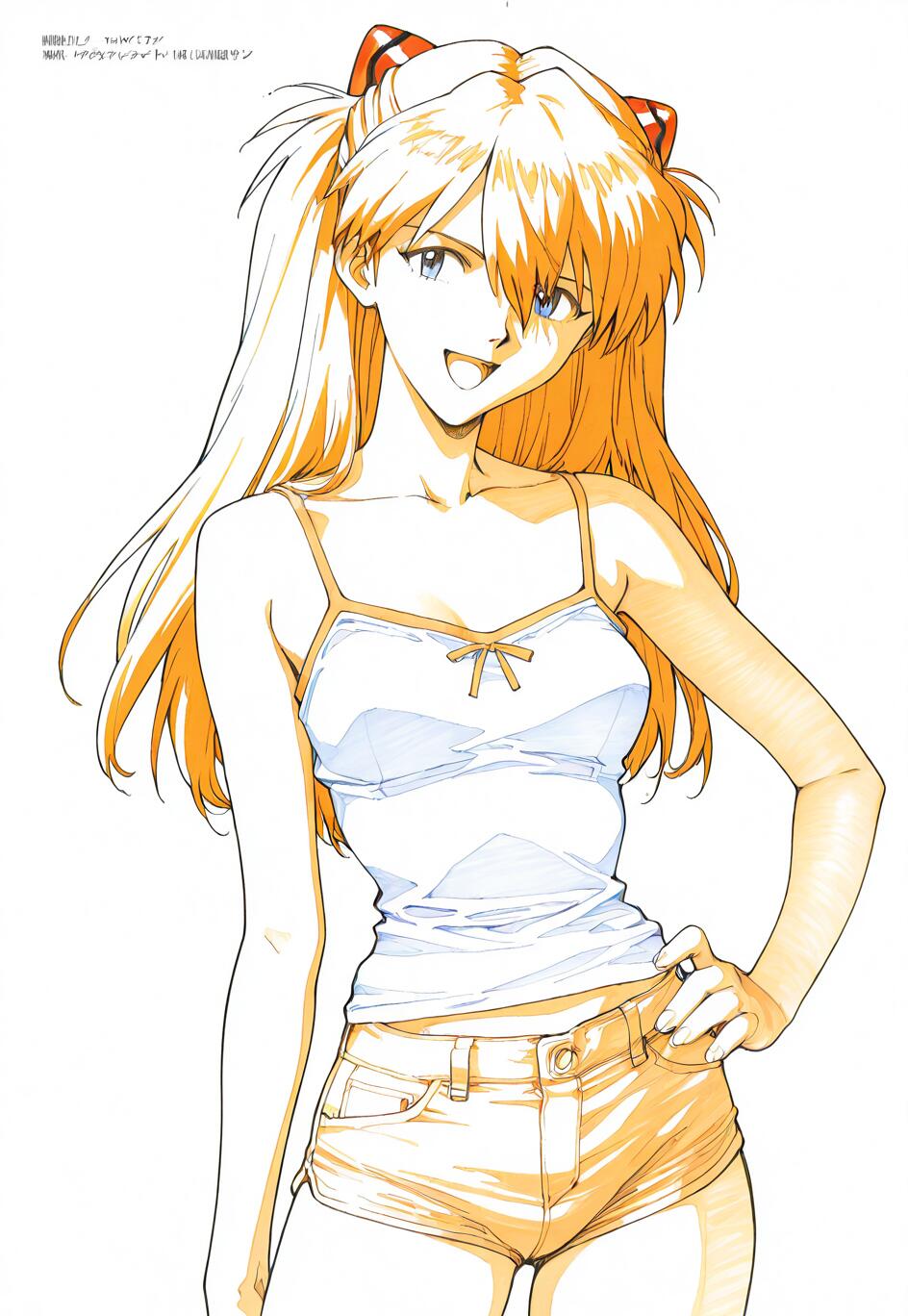 Una ilustración en blanco y negro de Asuka Langley Soryu, de la serie Neon Genesis Evangelion, sonriendo con confianza y con una mano en la cadera. Tiene el pelo naranja recogido en dos coletas y lleva un camisón blanco y unos pantalones cortos blancos sobre un fondo blanco liso.