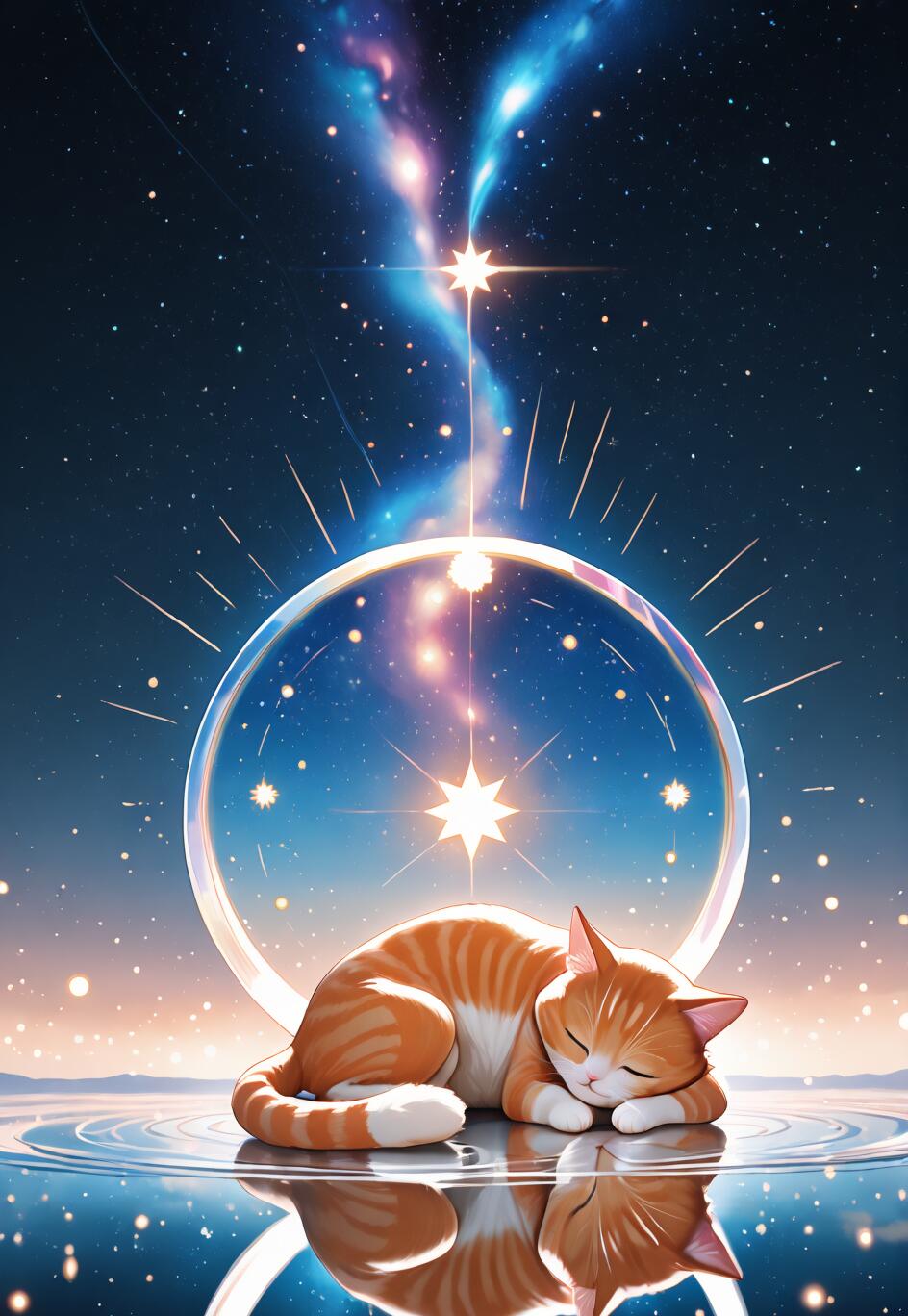 Una ilustración de un adorable gato atigrado de color naranja y blanco, durmiendo sobre una superficie reflectante que simula el agua. El fondo muestra un cielo nocturno cósmico con una nebulosa brillante, innumerables estrellas y una gran esfera luminosa detrás del gato.