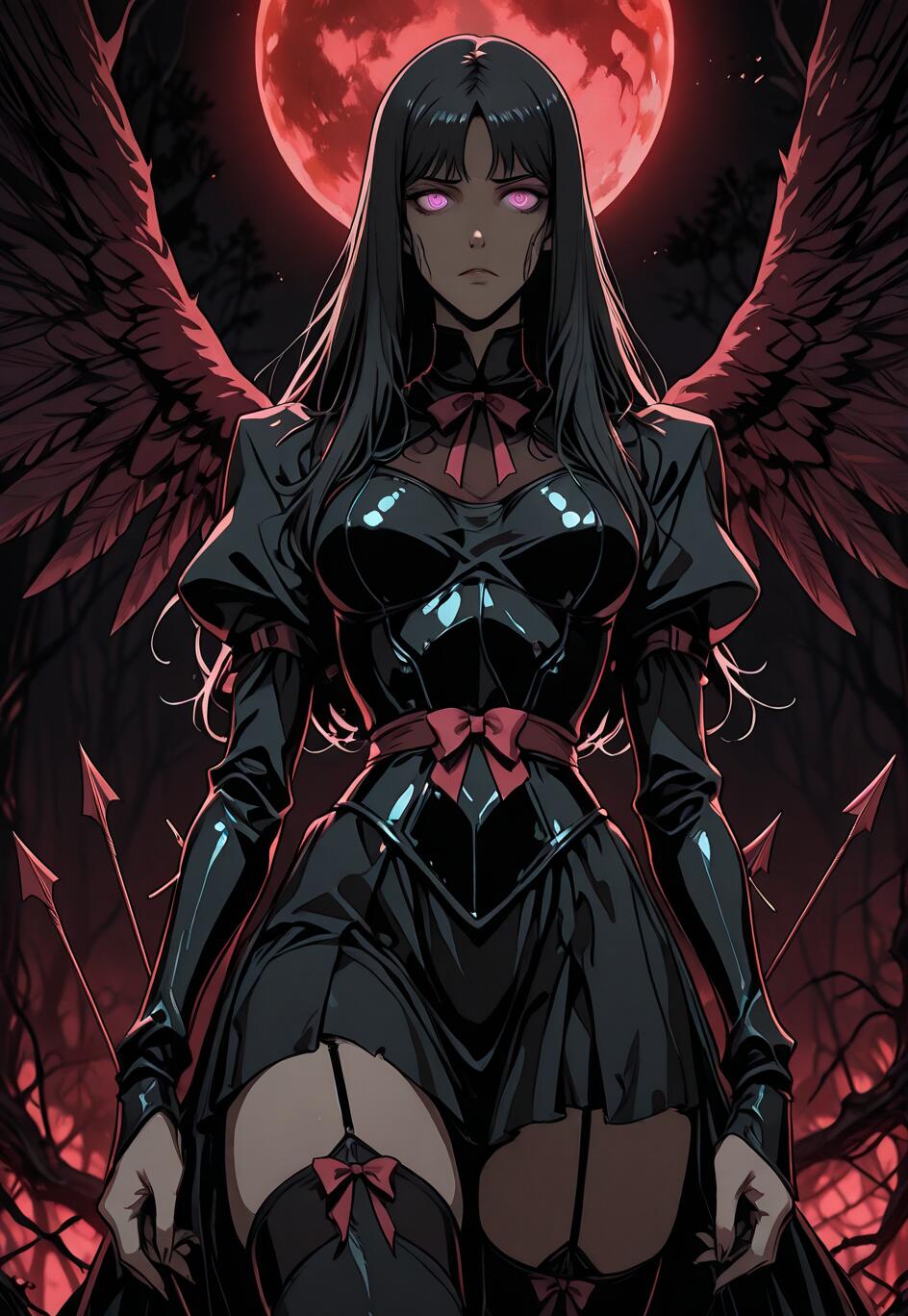 Una ilustración de estilo anime que representa a una mujer con el pelo largo y negro, unos ojos morados brillantes y unas grandes alas oscuras, de pie en un bosque oscuro frente a una gran luna roja. Lleva un atuendo gótico negro y unas medias que le llegan hasta el muslo.