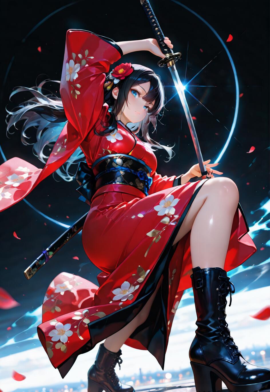 Una ilustración de cuerpo entero de una joven mujer de estilo anime, vestida con un kimono rojo con motivos florales y botas de combate negras, sosteniendo una katana en una pose dinámica sobre un fondo oscuro con efectos de luz azul y pétalos rojos.