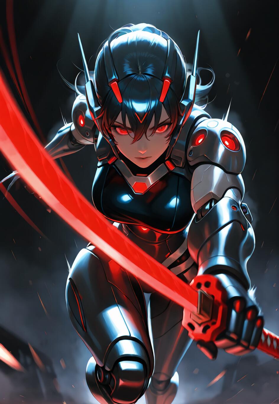 Una mujer cyborg de estilo anime, ataviada con una armadura futurista oscura, con ojos y detalles rojos que brillan, se lanza hacia adelante mientras blande una katana de energía roja y brillante.