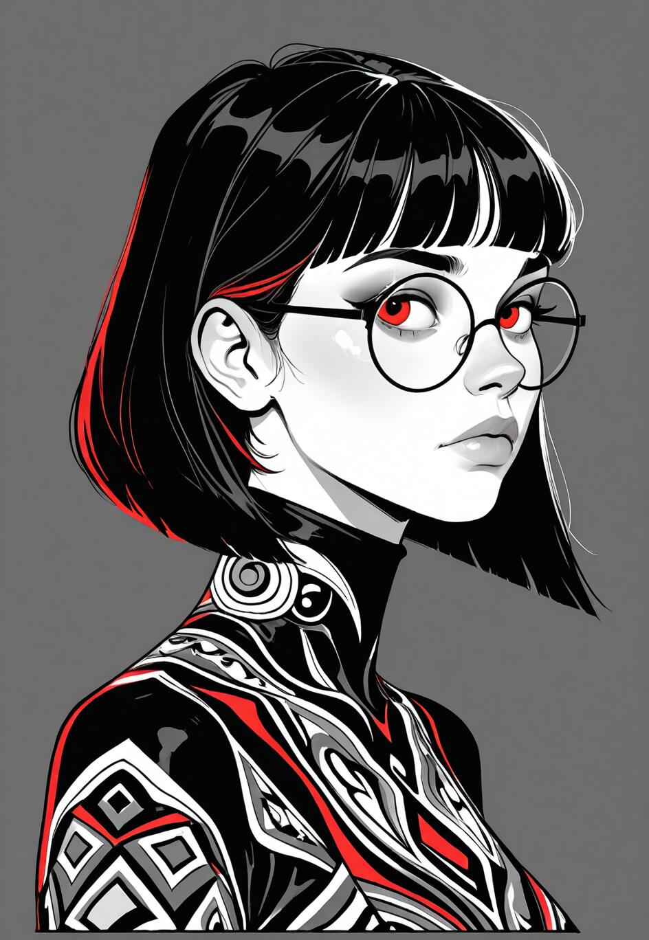 Un retrato artístico de una mujer con un corte de pelo corto y negro, gafas redondas y unos intensos ojos rojos. Lleva una blusa de cuello alto con un diseño en blanco, negro y rojo sobre un fondo gris.