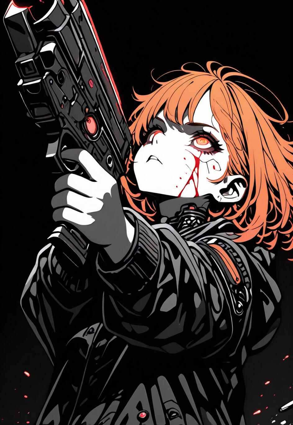 Una ilustración impactante, tomada desde un ángulo bajo, que muestra a una chica de anime con el pelo naranja despeinado y unos ojos rojos brillantes, apuntando con una pistola grande. Tiene sangre en la cara y lleva una chaqueta negra detallada sobre un fondo negro.