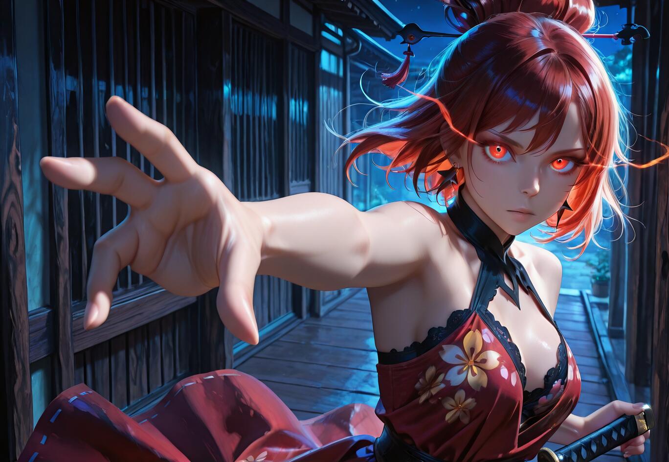Una chica de anime, con el pelo corto y rojo y unos ojos rojos que brillan, extiende la mano hacia la cámara. Lleva puesto un vestido rojo y negro con estampado floral y sostiene una katana en un pasillo oscuro, de estilo japonés tradicional, durante la noche.