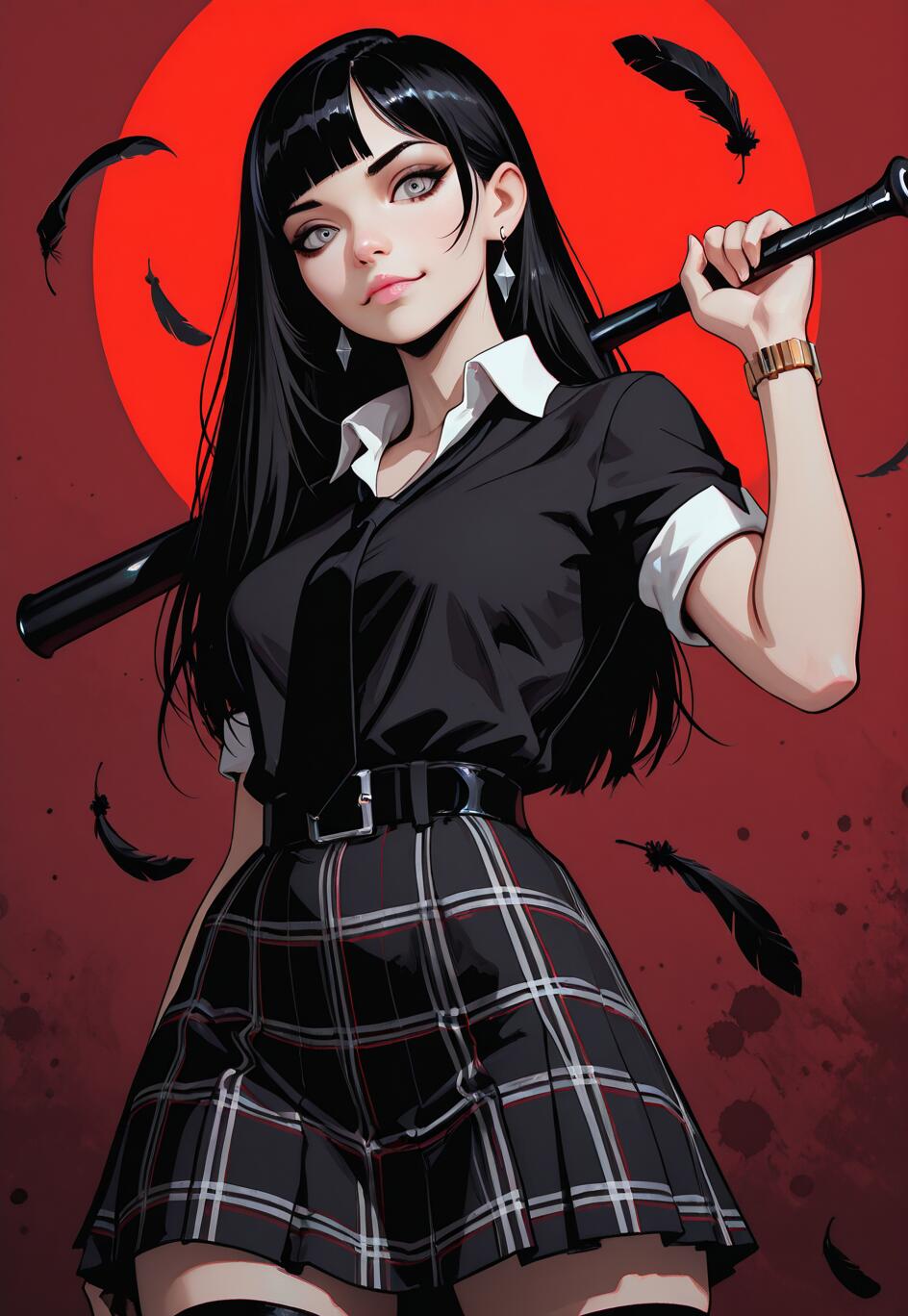 Una ilustración digital de una chica de estilo anime, con el pelo largo y negro y los ojos grises, que lleva una camiseta negra y una falda a cuadros. Sostiene un bate de béisbol sobre su hombro, y delante de ella hay un fondo rojo con plumas negras flotando.