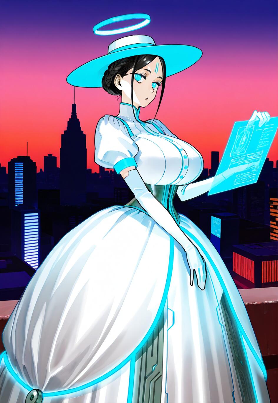 Una mujer con un estilo de anime, vestida con un elegante y futurista traje victoriano blanco y azul y un sombrero a juego, se encuentra sobre el tejado de un edificio al atardecer, sosteniendo una tableta holográfica brillante frente al horizonte de una ciudad iluminada con luces de neón. Un halo azul flota sobre su cabeza.