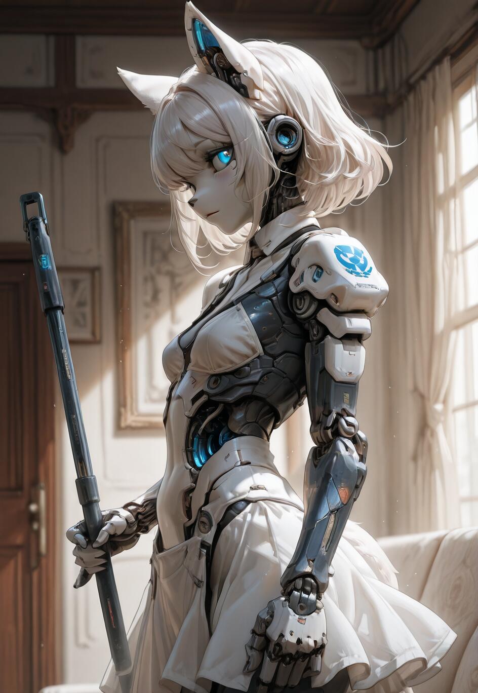 Una ilustración digital de una mujer cyborg con cabello blanco, ojos azules brillantes y orejas de gato, vestida con un uniforme de criada y sosteniendo una fregona futurista dentro de una habitación de estilo clásico.