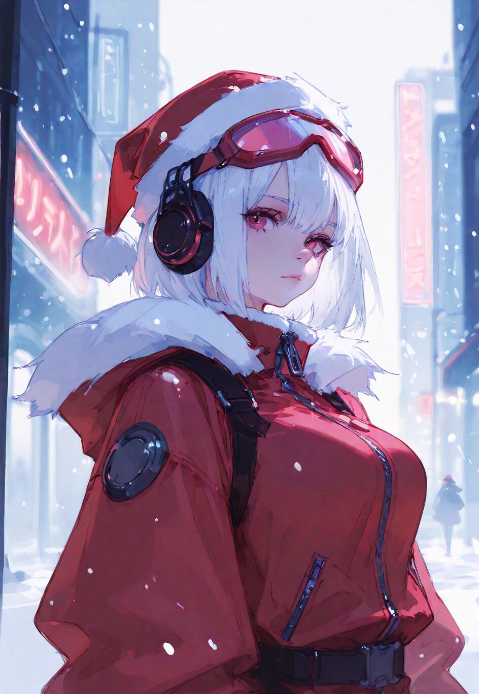 Una chica de anime con el pelo corto y blanco y los ojos rojos, que lleva puesto un gorro de Papá Noel rojo, gafas de protección, auriculares y una chaqueta de invierno roja, y que está de pie en una calle nevada de la ciudad, con luces de neón al fondo.