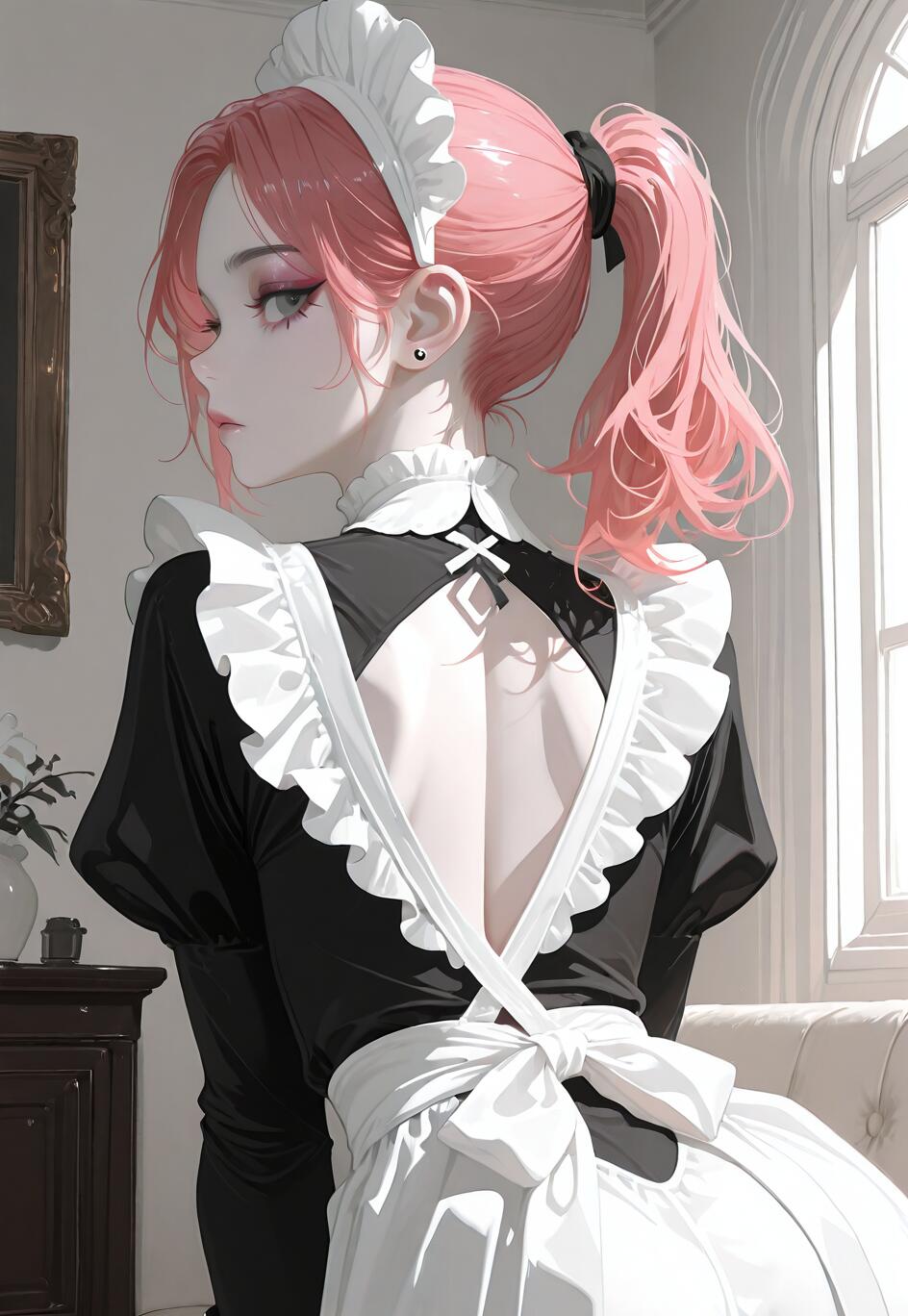 Una ilustración de estilo anime que representa a una joven con el pelo rosa recogido en una coleta, vestida con un uniforme de criada blanco y negro con la espalda descubierta. Está mirando por encima del hombro en una habitación bien iluminada.