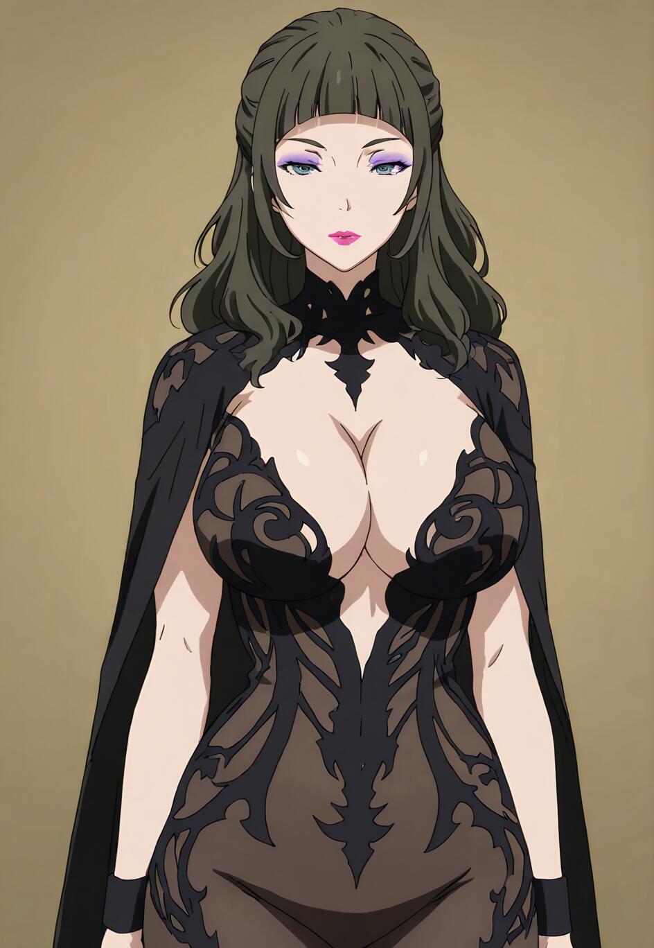 Una ilustración de estilo anime que representa a una mujer madura, de cabello oscuro y con sombra de ojos morada, vestida con un elaborado y atrevido vestido negro de filigrana, con una capa a juego, y que mira directamente al espectador.