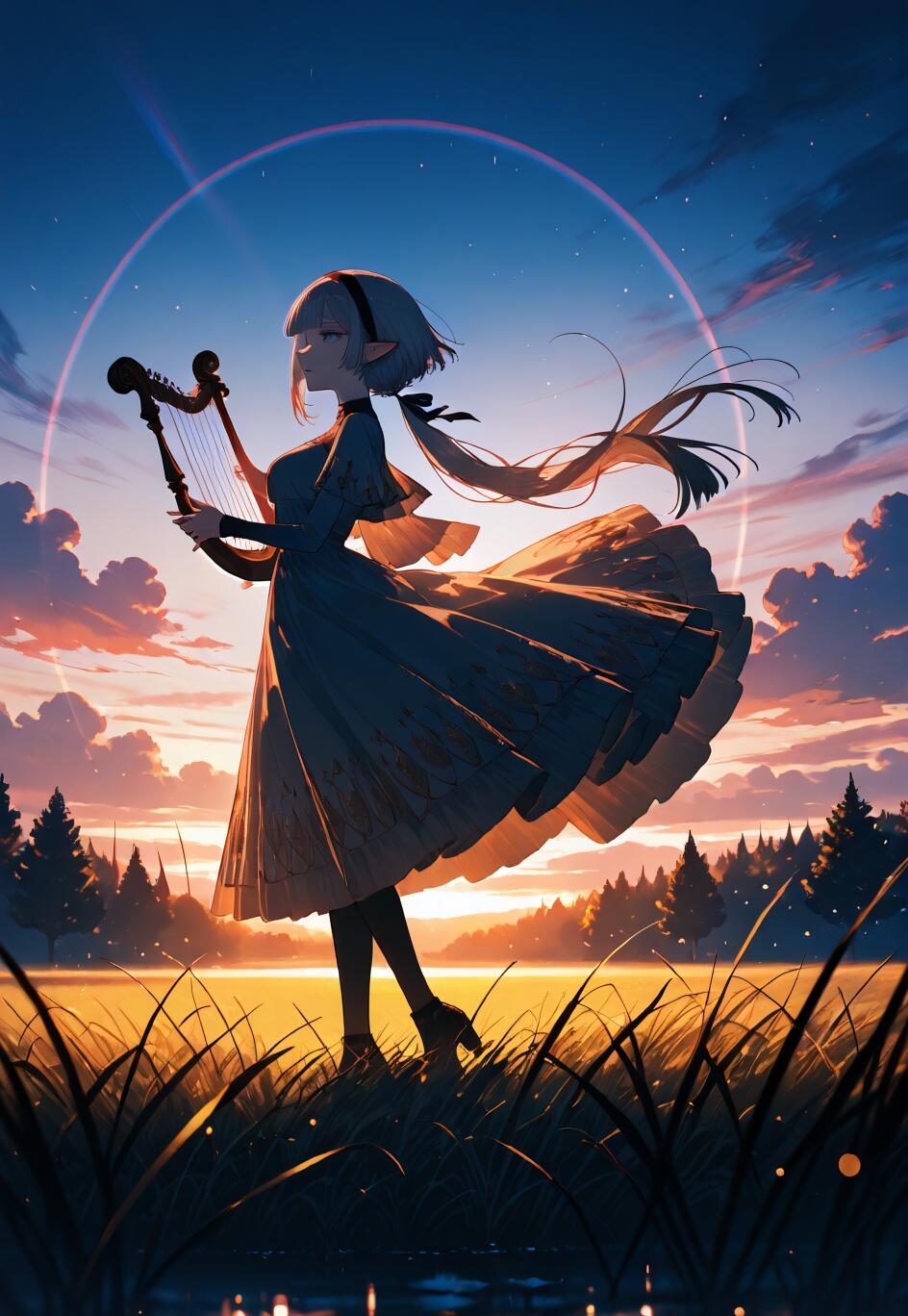 Una ilustración de cuerpo entero de una joven elfa de estilo anime, con cabello plateado, tocando una arpa en un campo cubierto de hierba durante el amanecer. Se puede ver un gran arcoíris en el cielo detrás de ella.