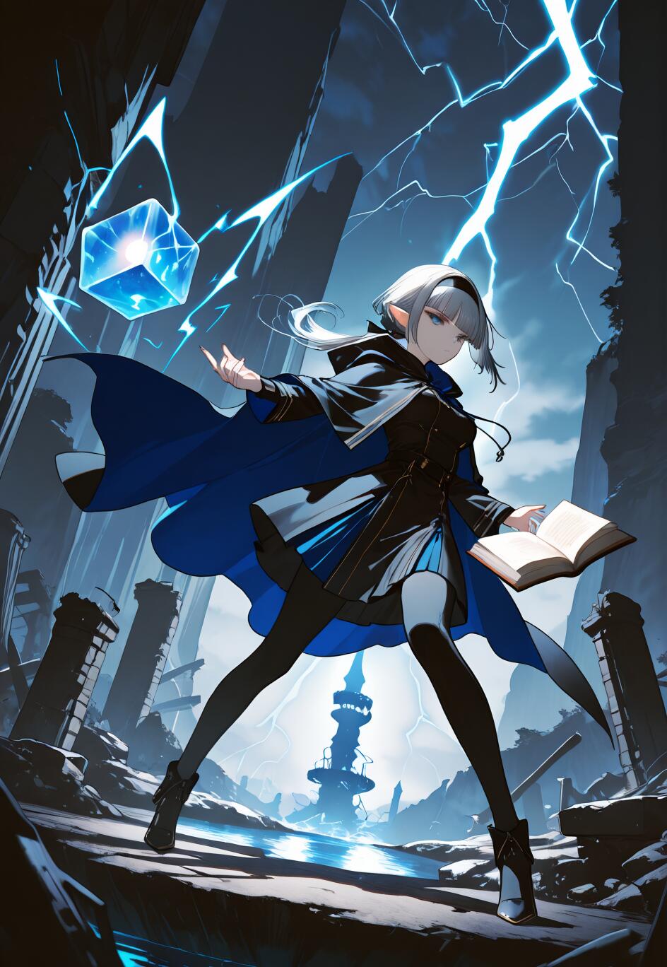 Ilustración de cuerpo entero de una joven elfa de cabello plateado, vestida con una capa azul oscuro y un atuendo negro, que adopta una pose imponente en un paisaje en ruinas. Sostiene un libro y lanza un hechizo sobre un cubo azul flotante, mientras relámpagos iluminan el cielo tormentoso que se encuentra detrás de ella.