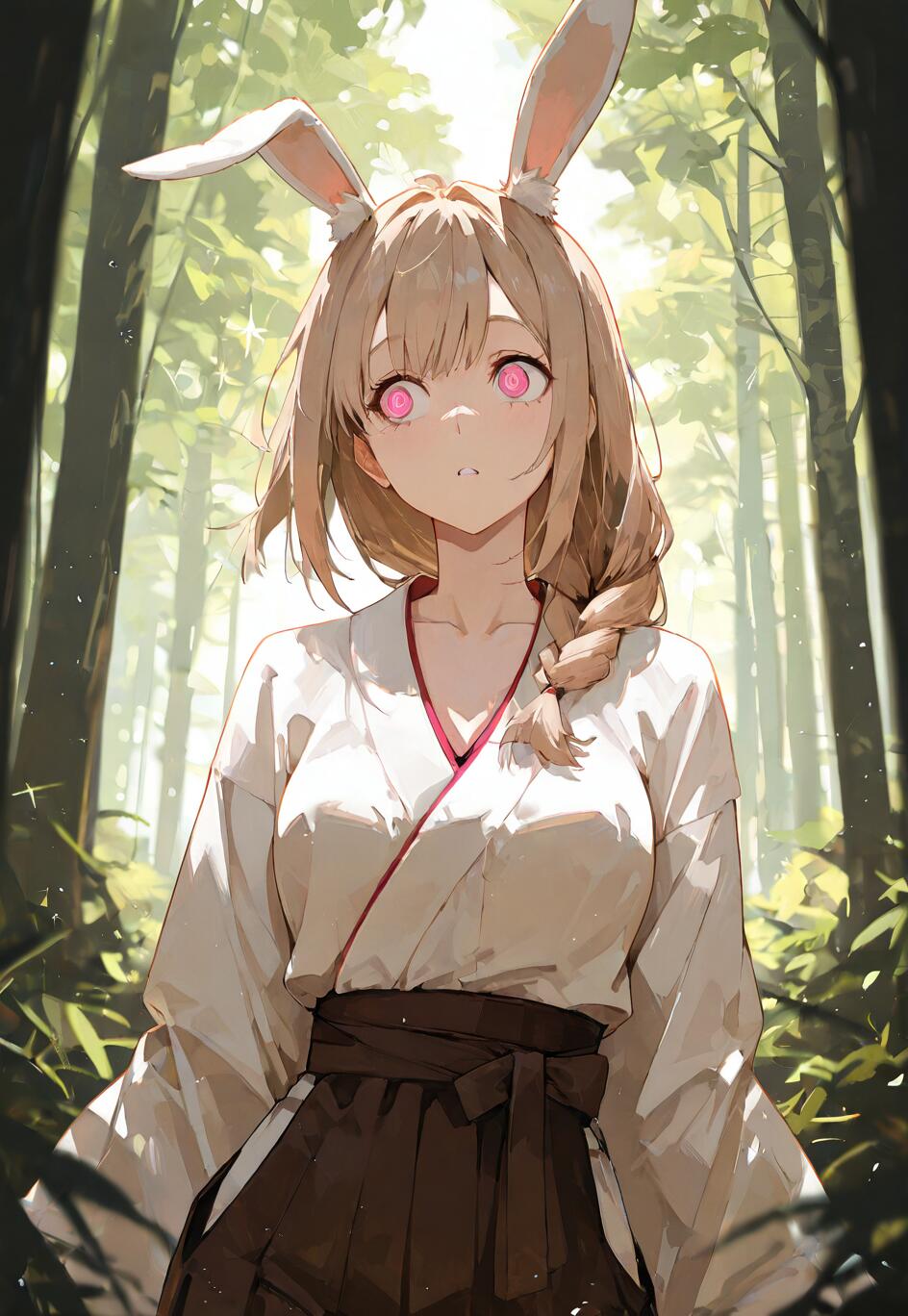 Una chica de anime, con el pelo de color castaño claro y orejas de conejo blancas, lleva un atuendo tradicional japonés de miko, de color blanco y marrón oscuro, y está de pie en un bosque iluminado por el sol. Mira por encima del hombro, con los ojos grandes, brillantes y de color rosa.