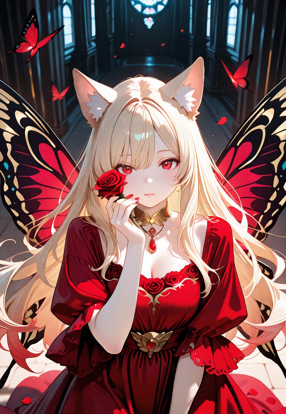 Una chica de anime con el pelo largo y rubio, ojos rojos y orejas de gato, vestida con un vestido rojo y grandes alas de mariposa, sostiene una rosa roja frente a su rostro en un salón oscuro de estilo gótico, rodeado de mariposas.