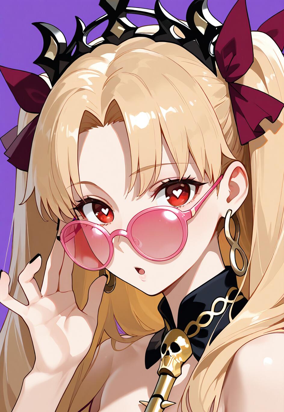 Una ilustración al estilo anime del personaje Ereshkigal, de Fate/Grand Order. Es una joven rubia con ojos rojos en forma de corazón, que lleva una corona negra y se está quitando unas gafas de sol rosas para mirar al espectador.