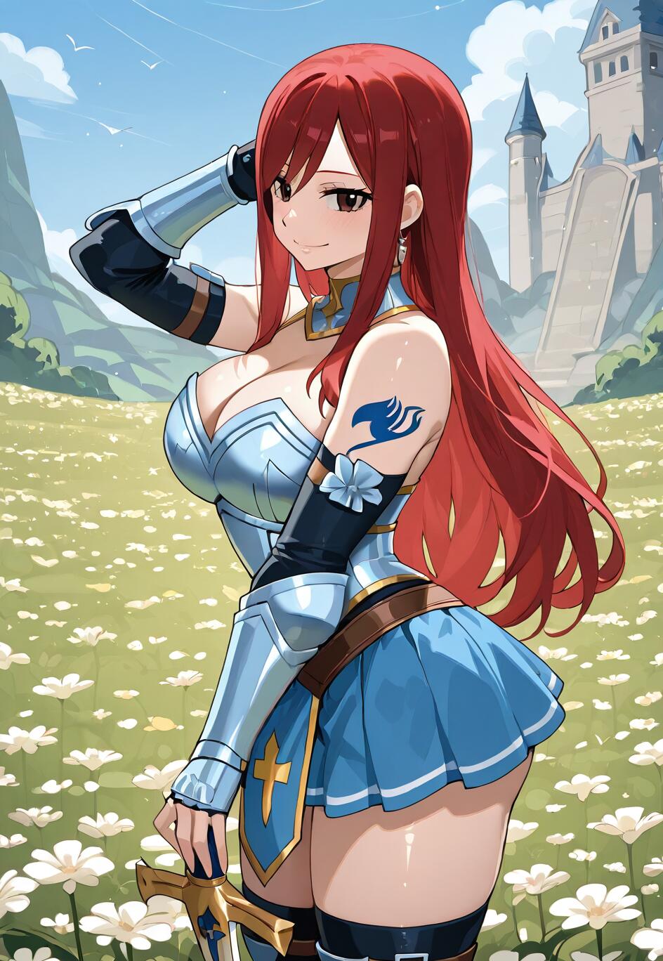 Erza Scarlet, de Fairy Tail, una guerrera de cabello rojo ataviada con una armadura plateada y azul y una falda azul, está de pie sonriendo en un campo de flores blancas, con un castillo al fondo, y sostiene una espada.