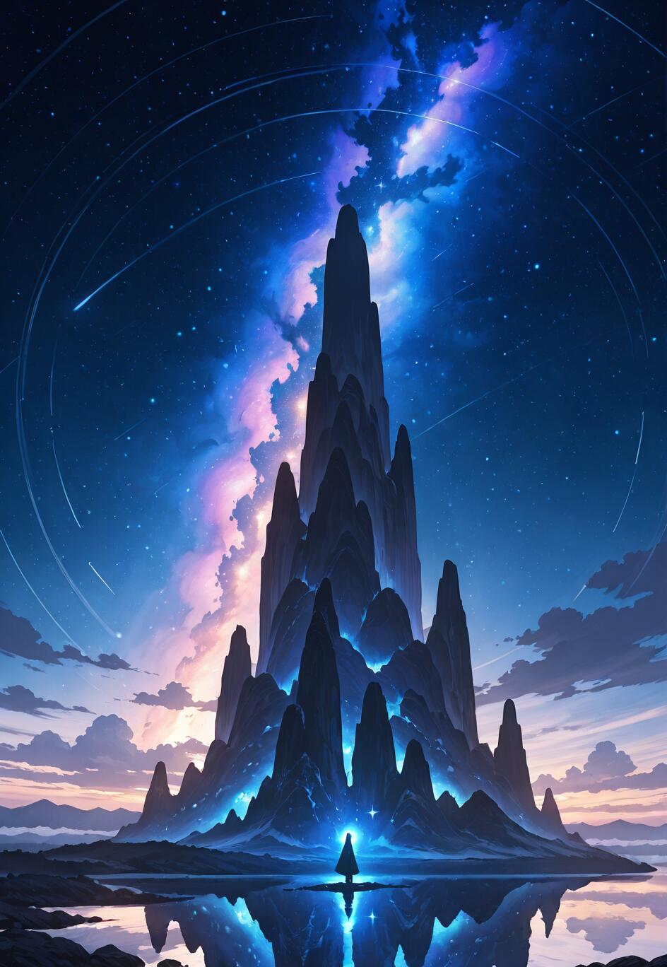 Una figura solitaria, envuelta en una capa, se encuentra frente a una gran montaña escarpada, bajo un cielo nocturno estrellado y colorido, con una nebulosa, y todo esto se refleja en las tranquilas aguas que hay debajo.