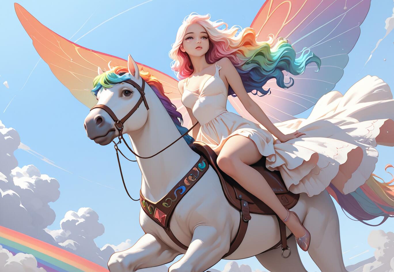 Una joven con el pelo de colores del arcoíris y unas grandes y coloridas alas cabalga sobre un Pegaso blanco de crin multicolor a través de un cielo azul y nublado. Debajo de ellos se puede ver un arcoíris.